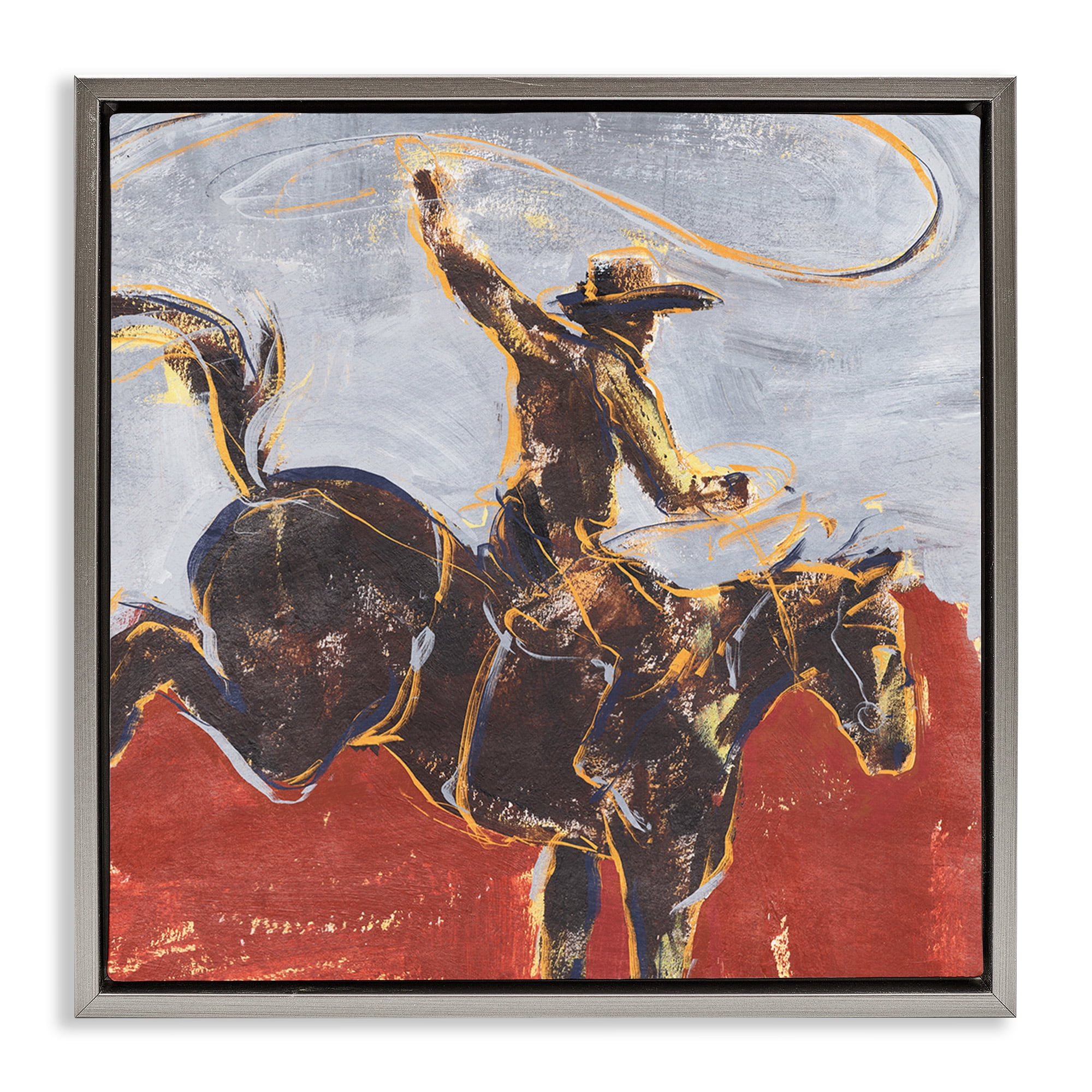 Stupell Industries Western Cowboy Wild Horse Animals & Insects Painting Gray Floater Framed Canvas Art Print Wall Art, 25 x 25