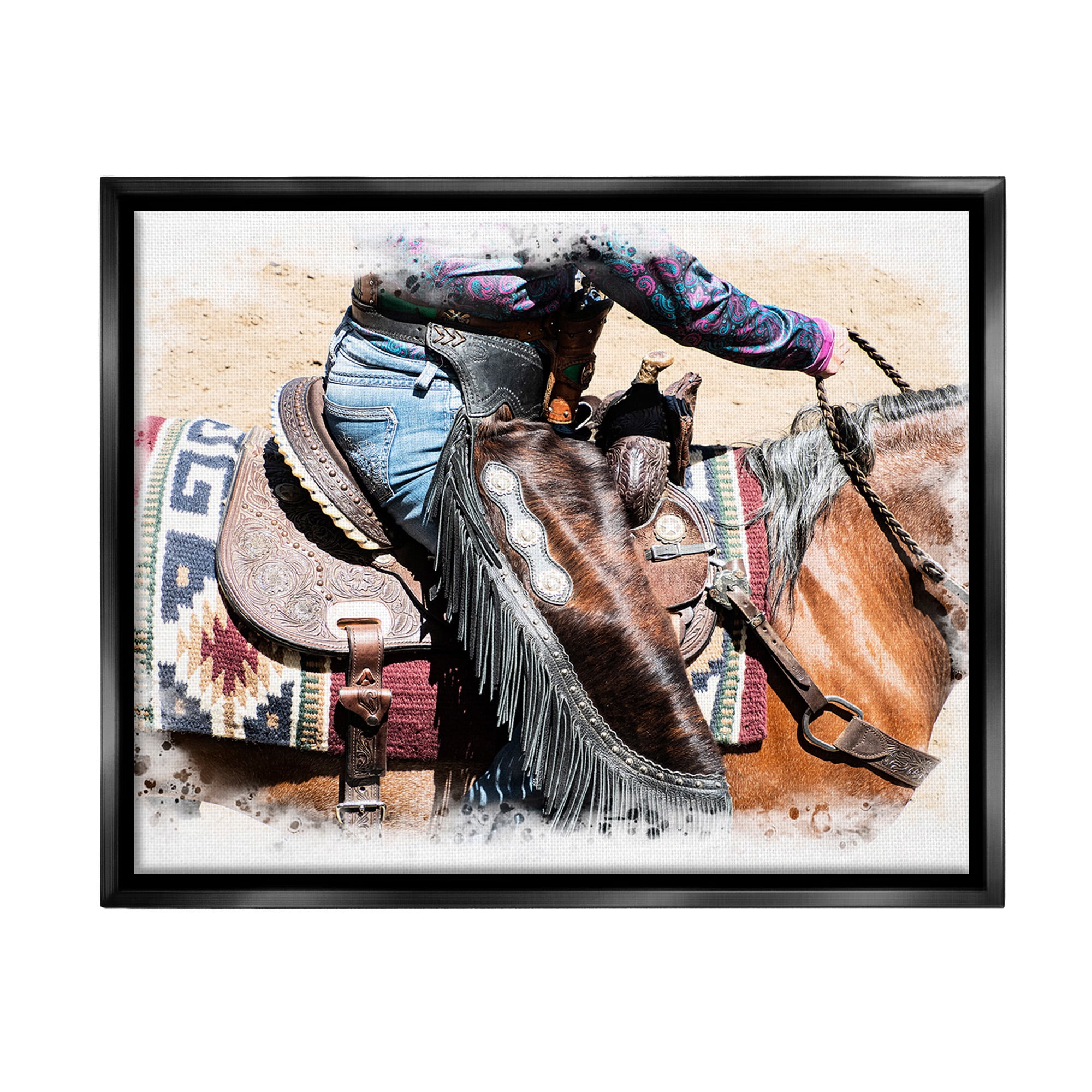 Stupell Industries Western Cowboy on Saddle Animals & Insects Painting Black Floater Framed Canvas Art Print Wall Art, 21 x 17