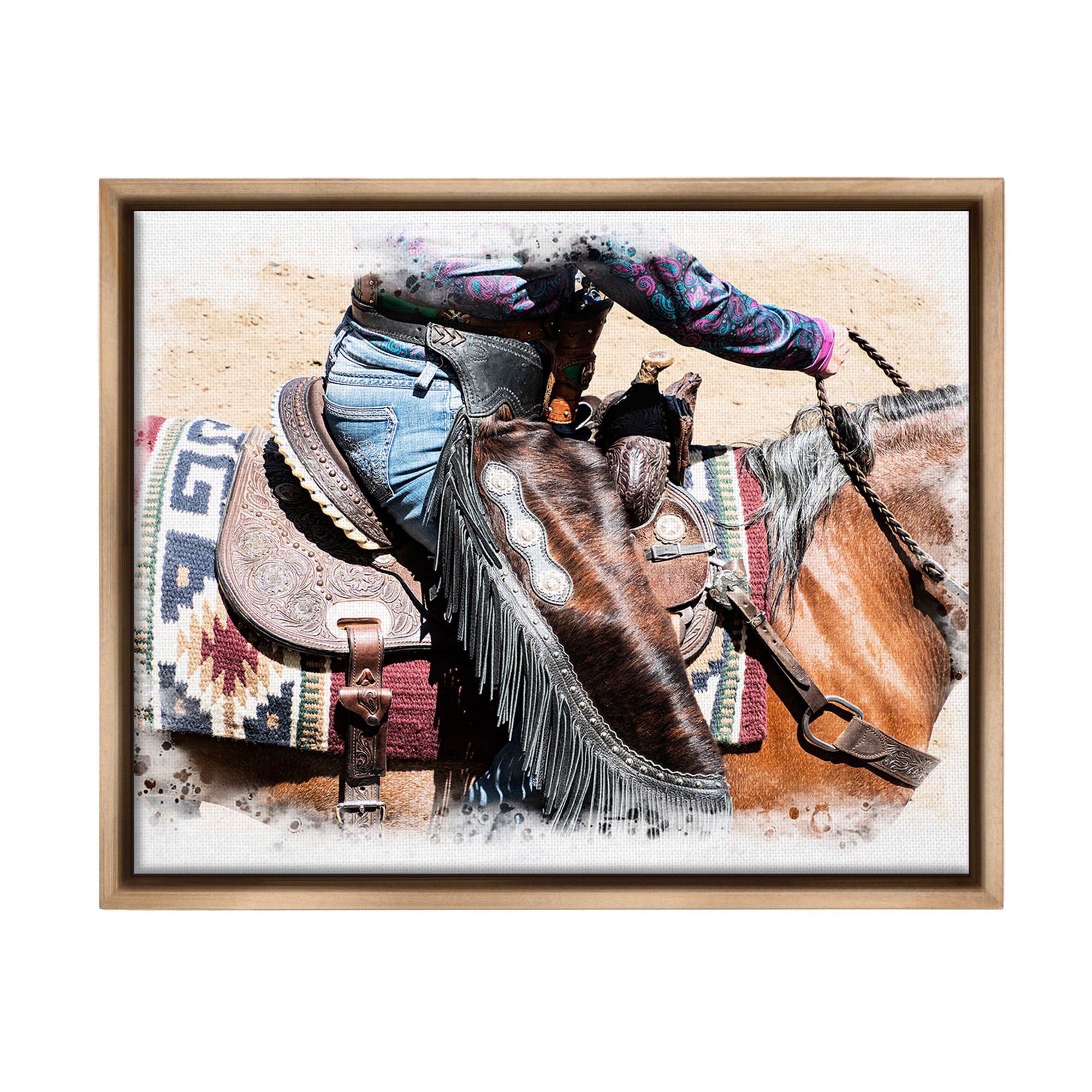 Stupell Industries Western Cowboy on Saddle Animals & Insects Painting Brown Floater Framed Canvas Art Print Wall Art, 21 x 17