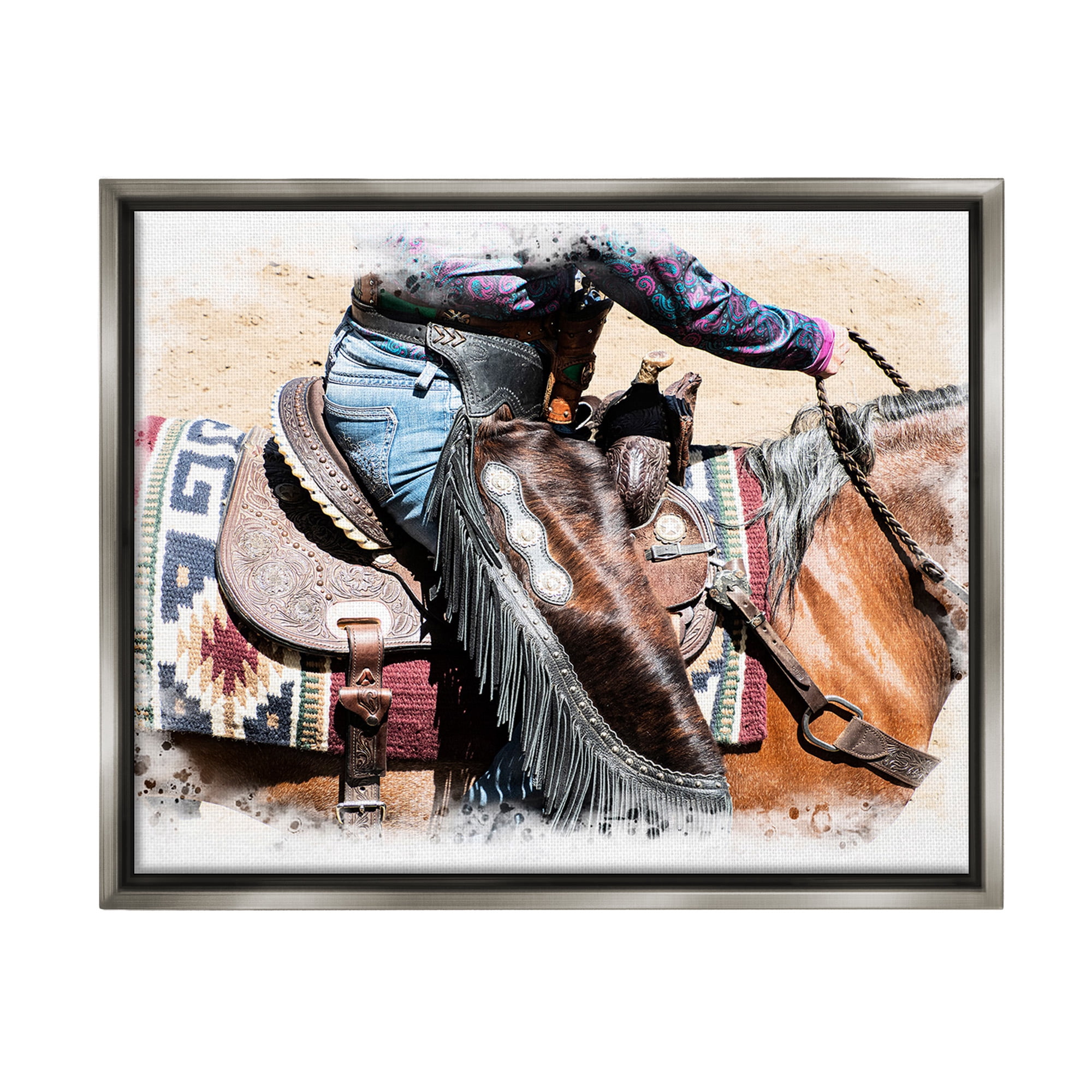 Stupell Industries Western Cowboy on Saddle Animals & Insects Painting Gray Floater Framed Canvas Art Print Wall Art, 21 x 17