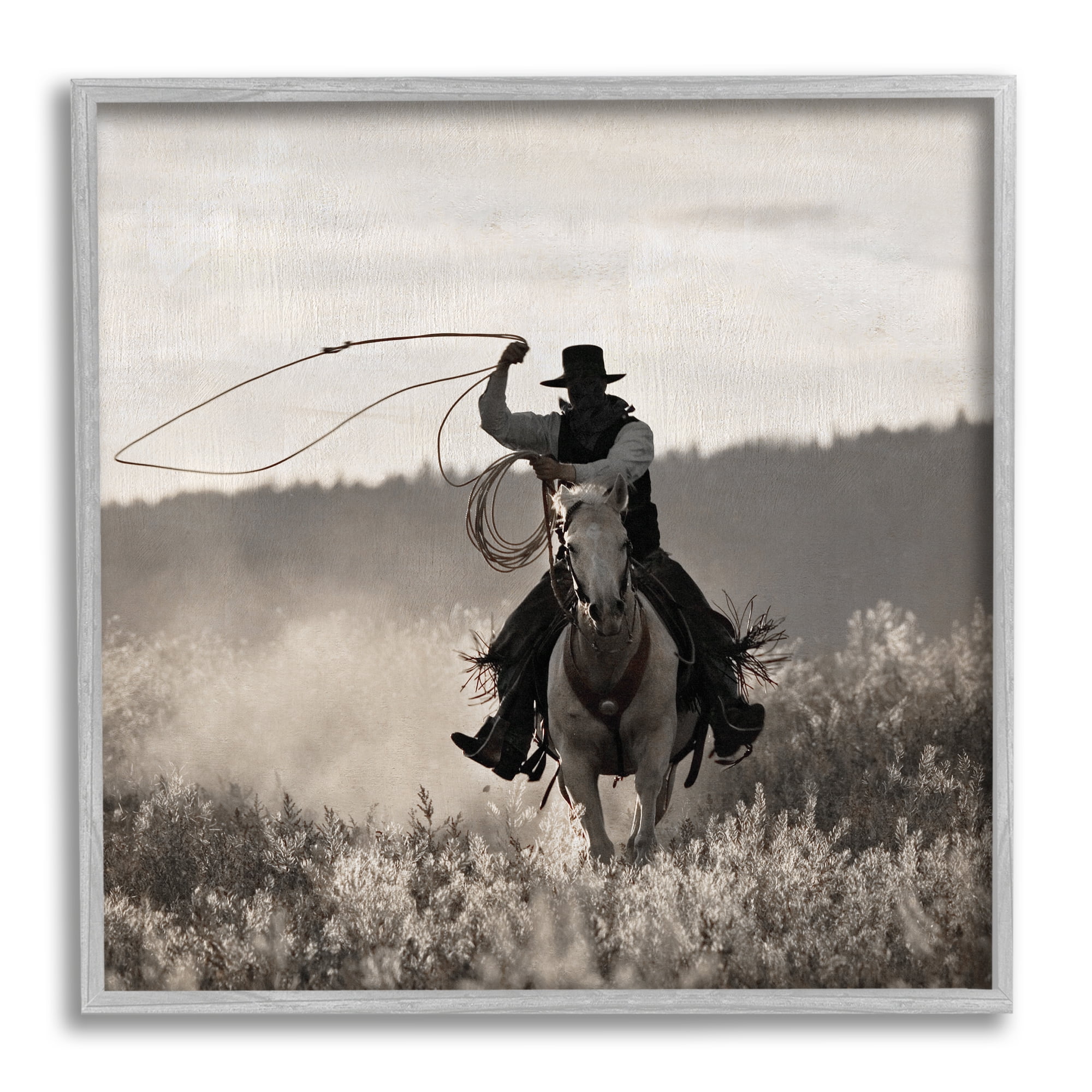 Stupell Industries Western Cowboy with Lasso Animals & Insects Photography Gray Framed Art Print Wall Art, 24 x 24