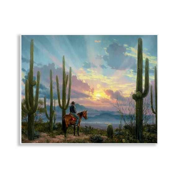 Stupell Industries Western Cowboy with Tall Cacti Landscape & Nature Painting Unframed Art Print Wall Art, 14 x 11