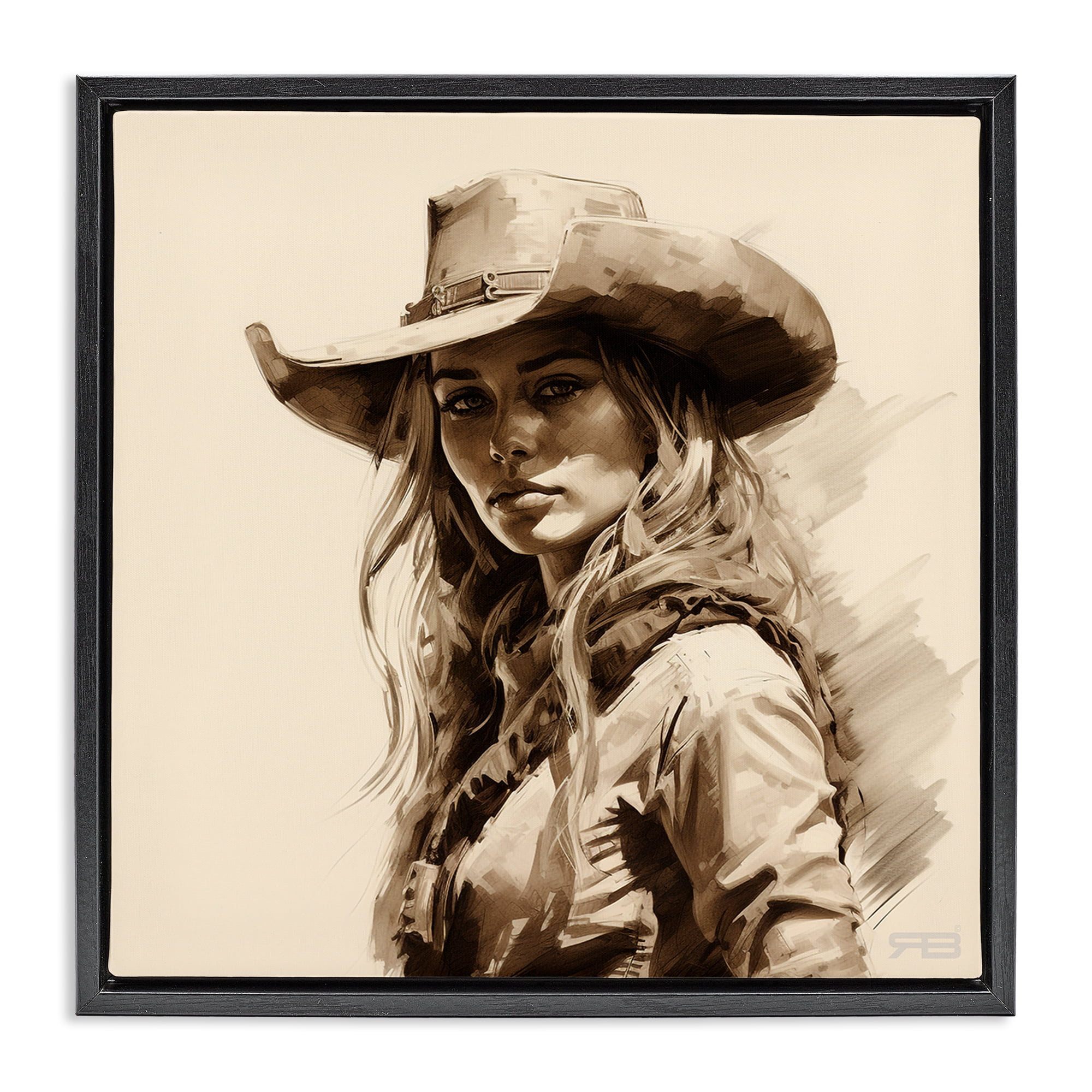 Stupell Industries Western Cowgirl Gaze People Painting Black Floater Framed Canvas Art Print Wall Art, 18 x 18