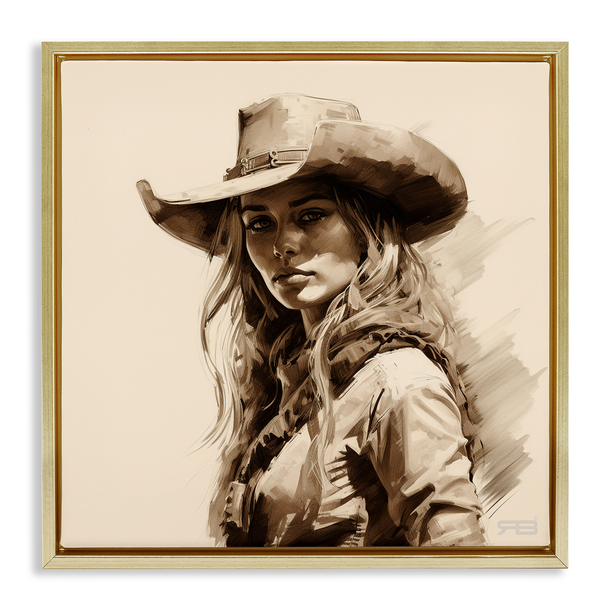 Stupell Industries Western Cowgirl Gaze People Painting Gold Floater Framed Canvas Art Print Wall Art, 18 x 18