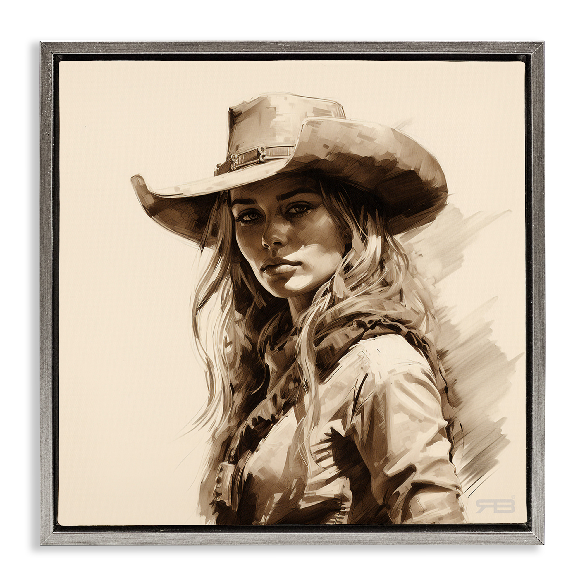 Stupell Industries Western Cowgirl Gaze People Painting Gray Floater Framed Canvas Art Print Wall Art, 25 x 25