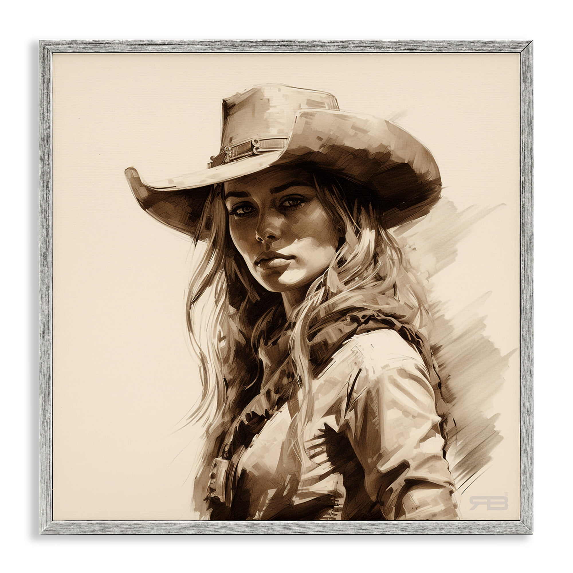 Stupell Industries Western Cowgirl Gaze People Painting Gray Framed Art Print Wall Art, 24 x 24