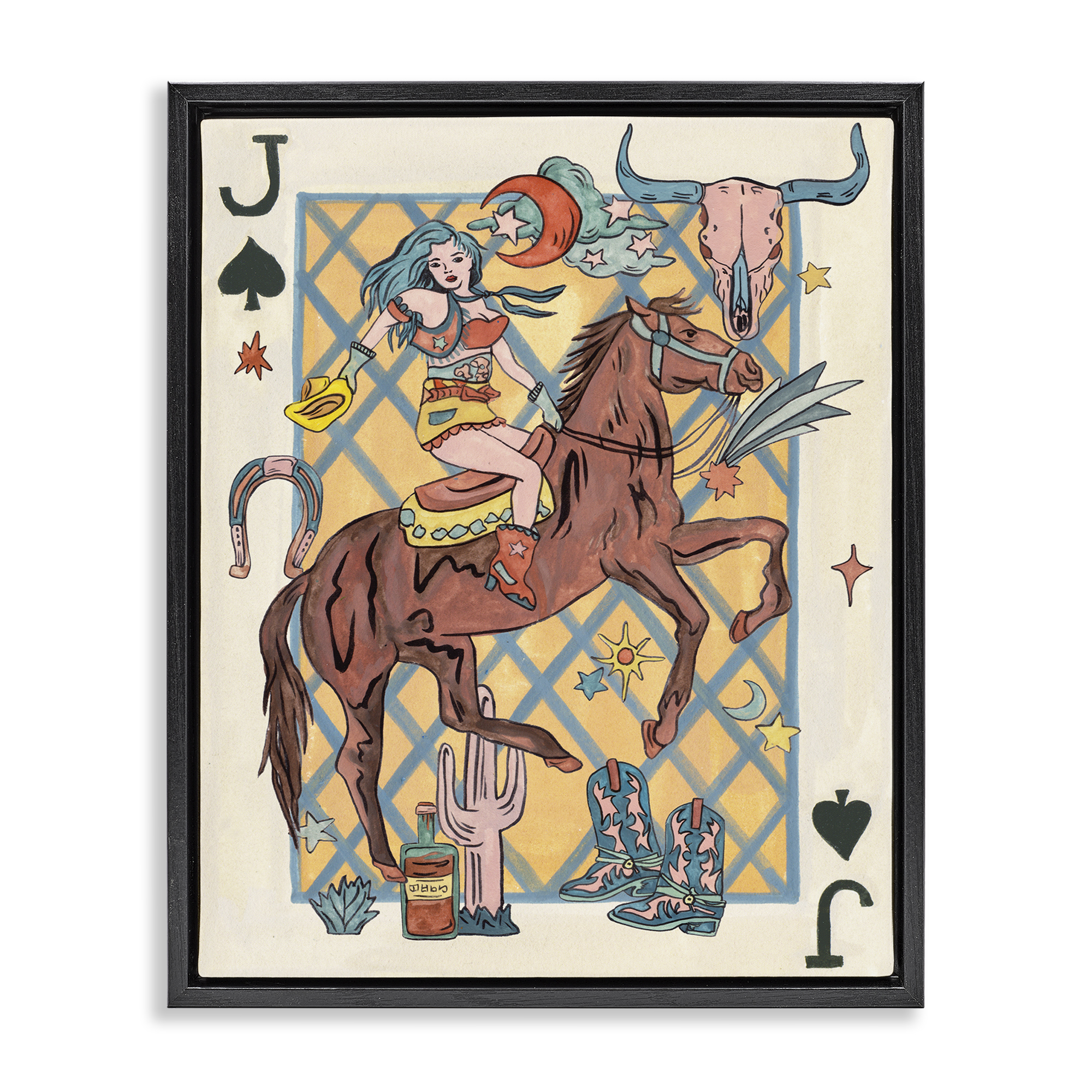 Stupell Industries Western Cowgirl Playing Card Entertainment Painting Black Floater Framed Canvas Art Print Wall Art, 17 x 21