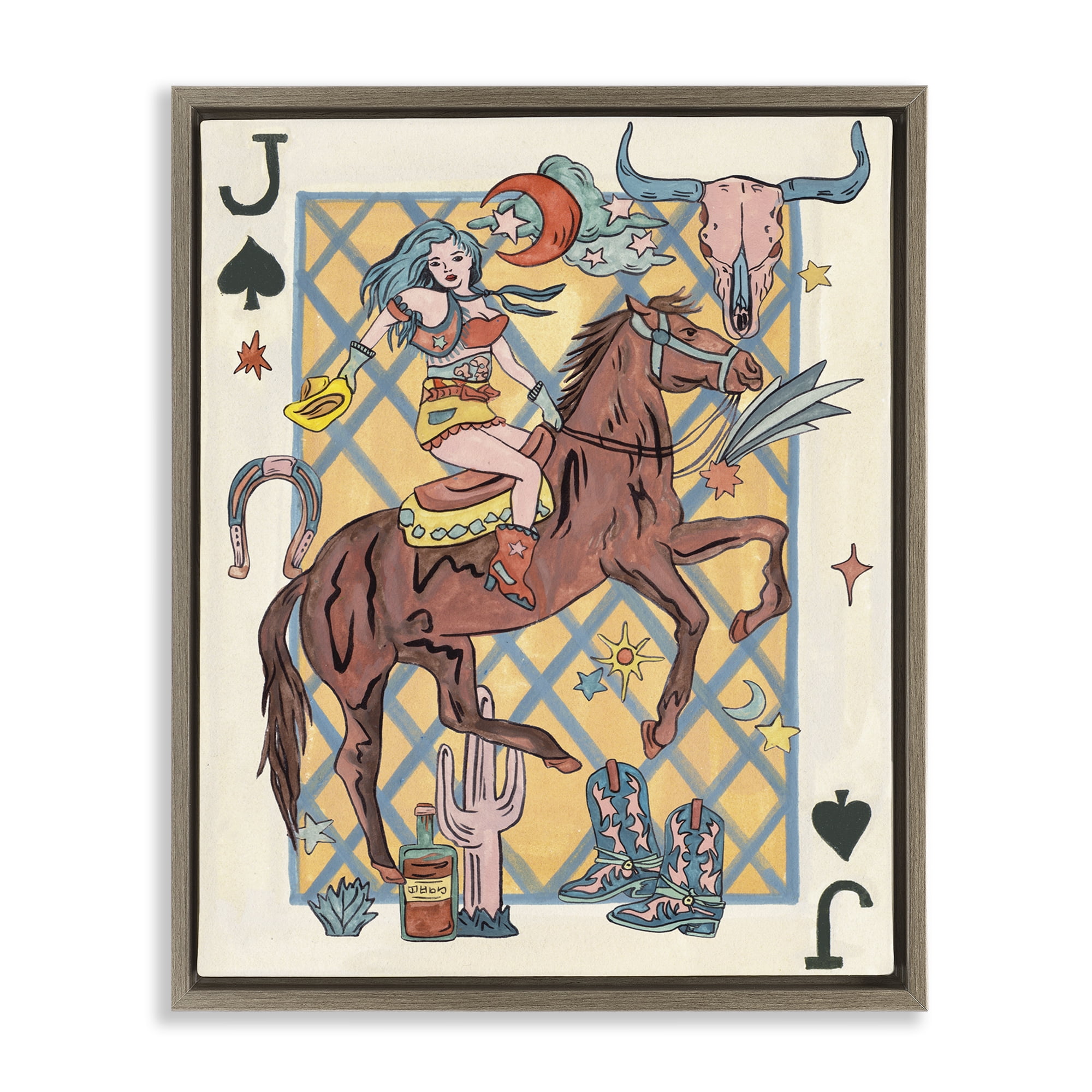 Stupell Industries Western Cowgirl Playing Card Entertainment Painting Brown Floater Framed Canvas Art Print Wall Art, 17 x 21