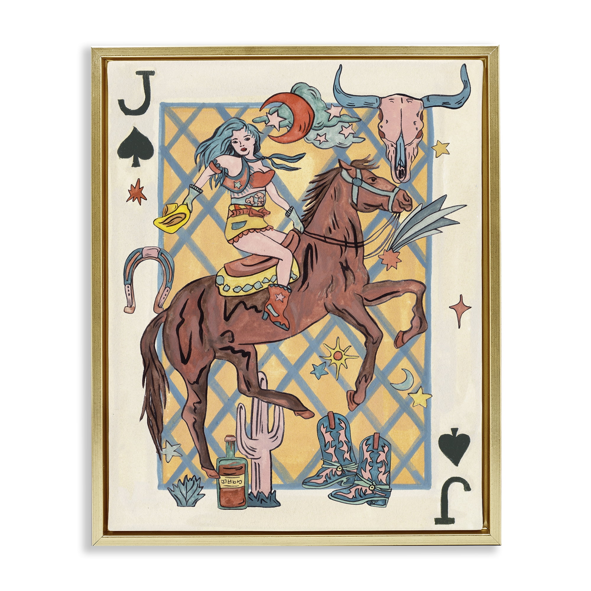 Stupell Industries Western Cowgirl Playing Card Entertainment Painting Gold Floater Framed Canvas Art Print Wall Art, 17 x 21