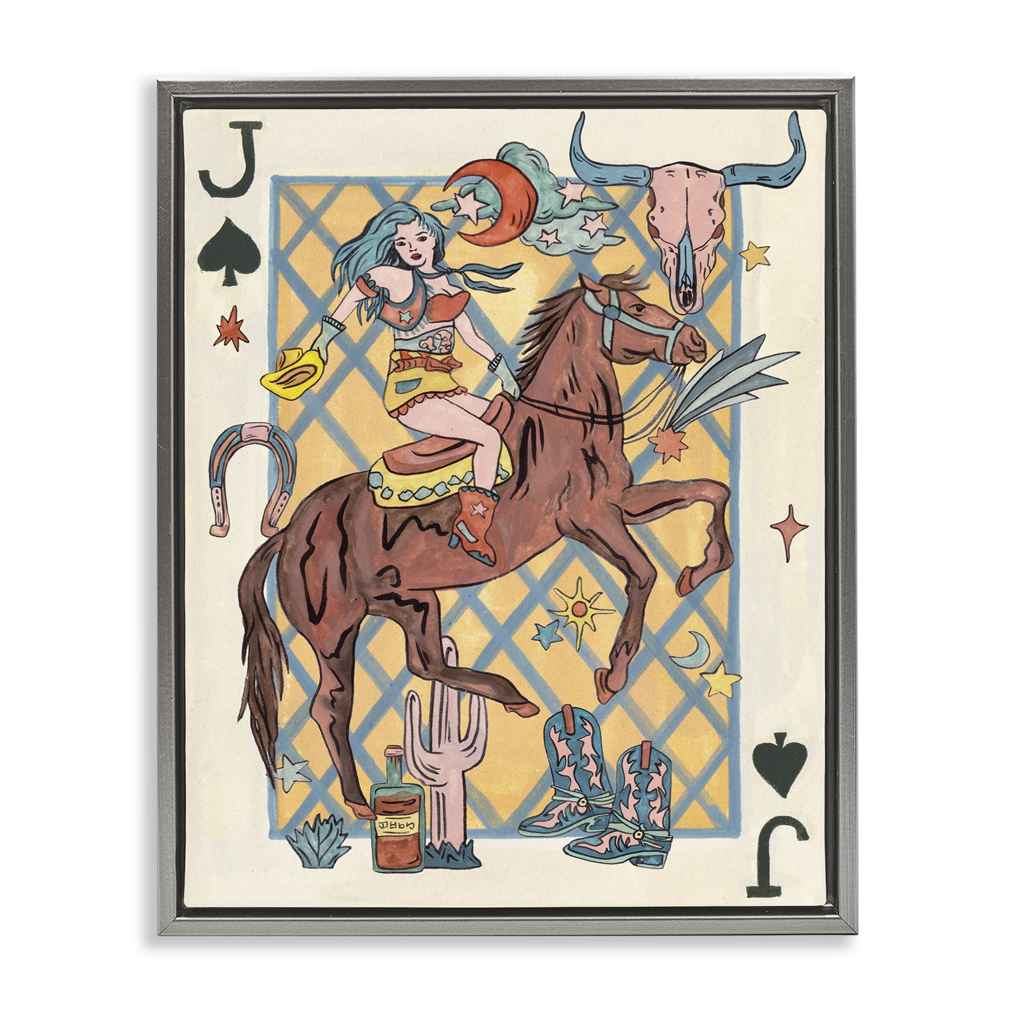 Stupell Industries Western Cowgirl Playing Card Entertainment Painting Gray Floater Framed Canvas Art Print Wall Art, 17 x 21
