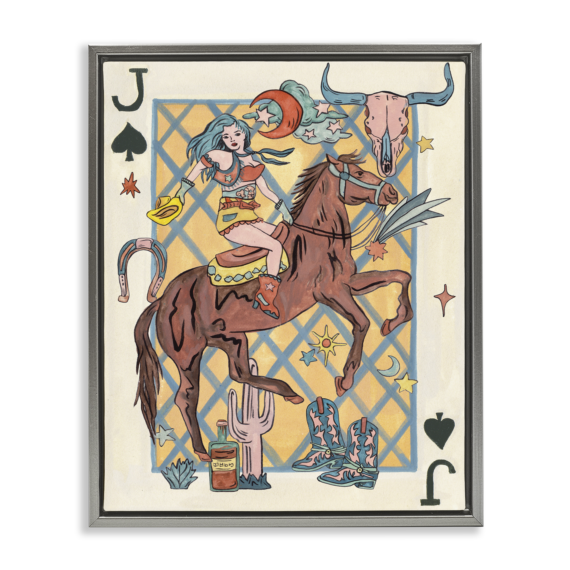 Stupell Industries Western Cowgirl Playing Card Entertainment Painting Gray Floater Framed Canvas Art Print Wall Art, 25 x 31