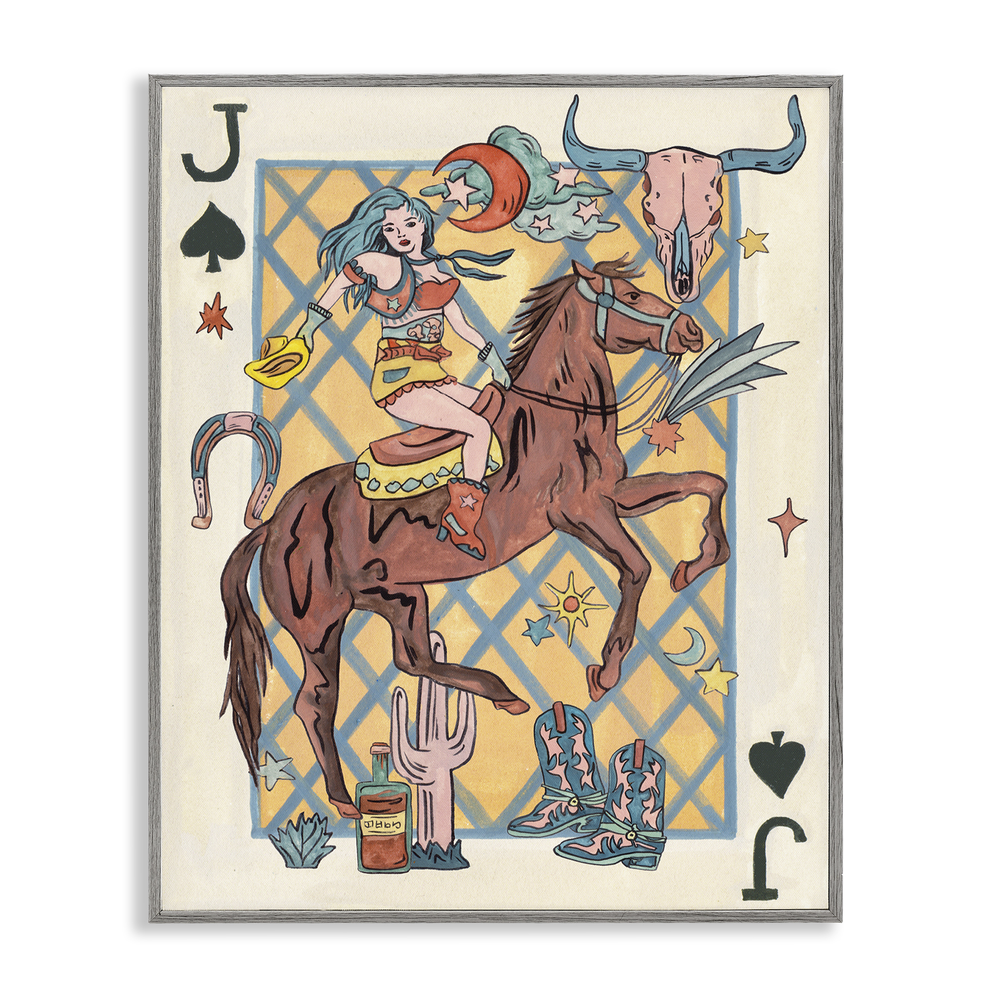 Stupell Industries Western Cowgirl Playing Card Entertainment Painting Gray Framed Art Print Wall Art, 11 x 14