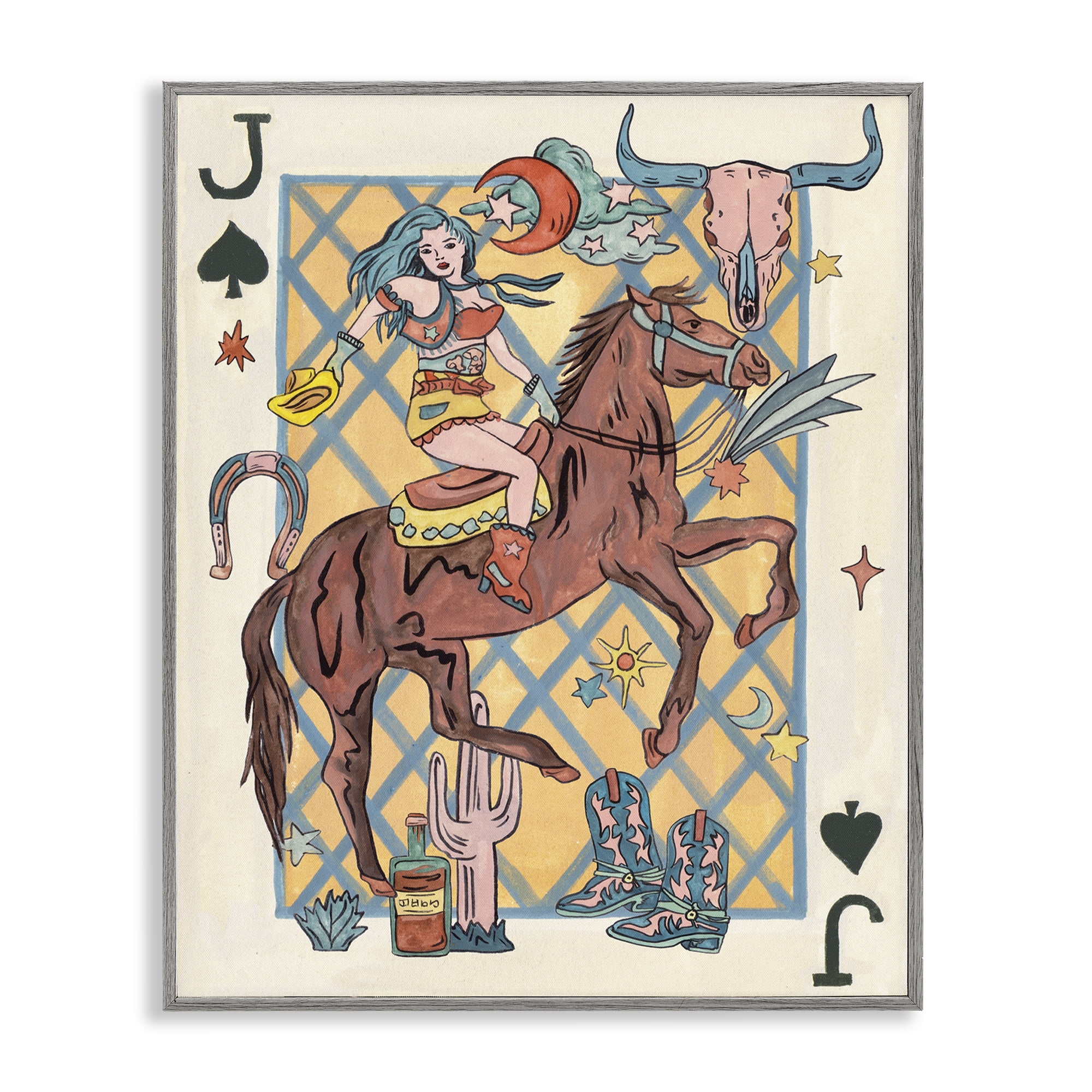 Stupell Industries Western Cowgirl Playing Card Entertainment Painting Gray Framed Art Print Wall Art, 16 x 20