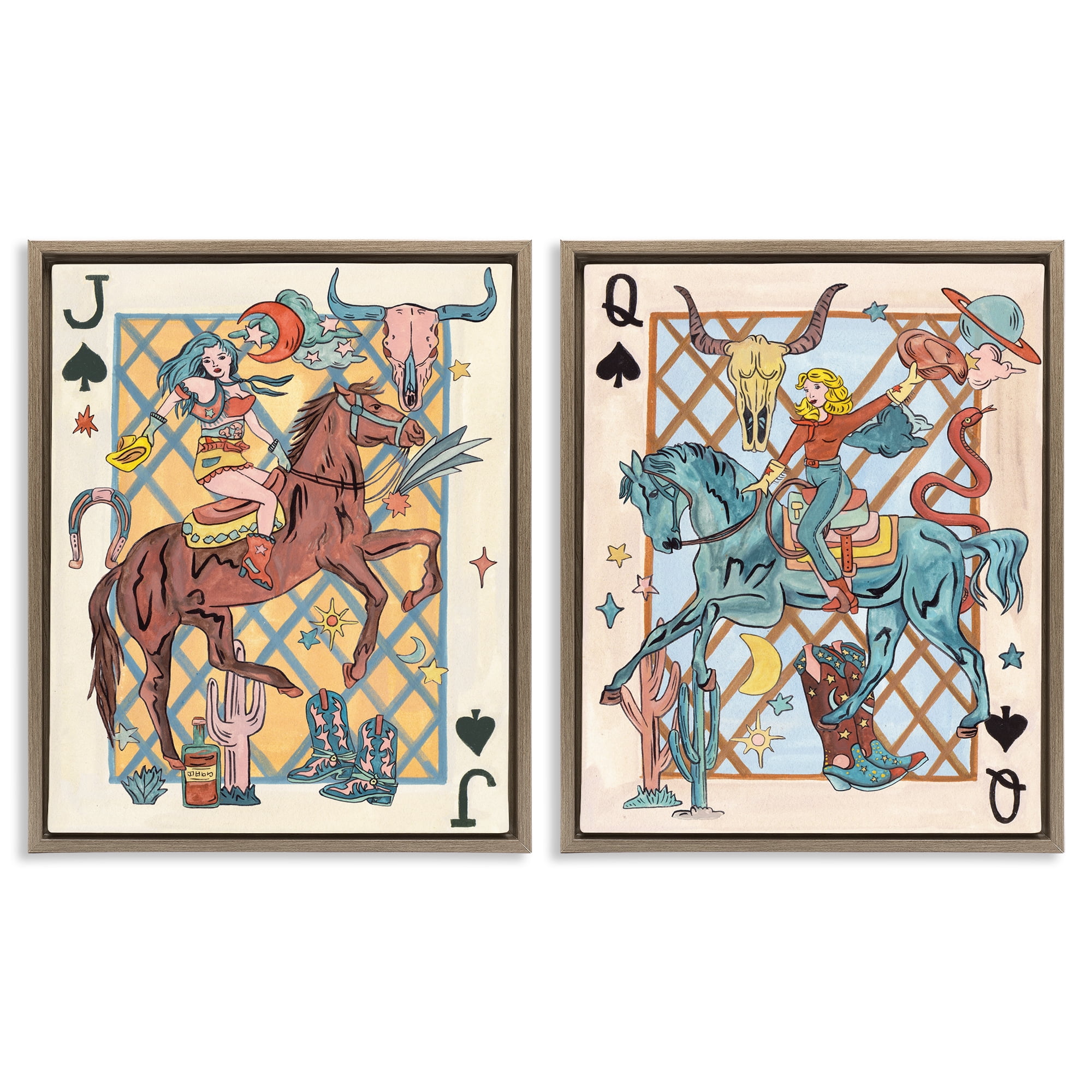 Stupell Industries Western Cowgirl Playing Cards Entertainment Painting Brown Floater Framed Canvas Art Print Wall Art, 31 x 25, Set of 2