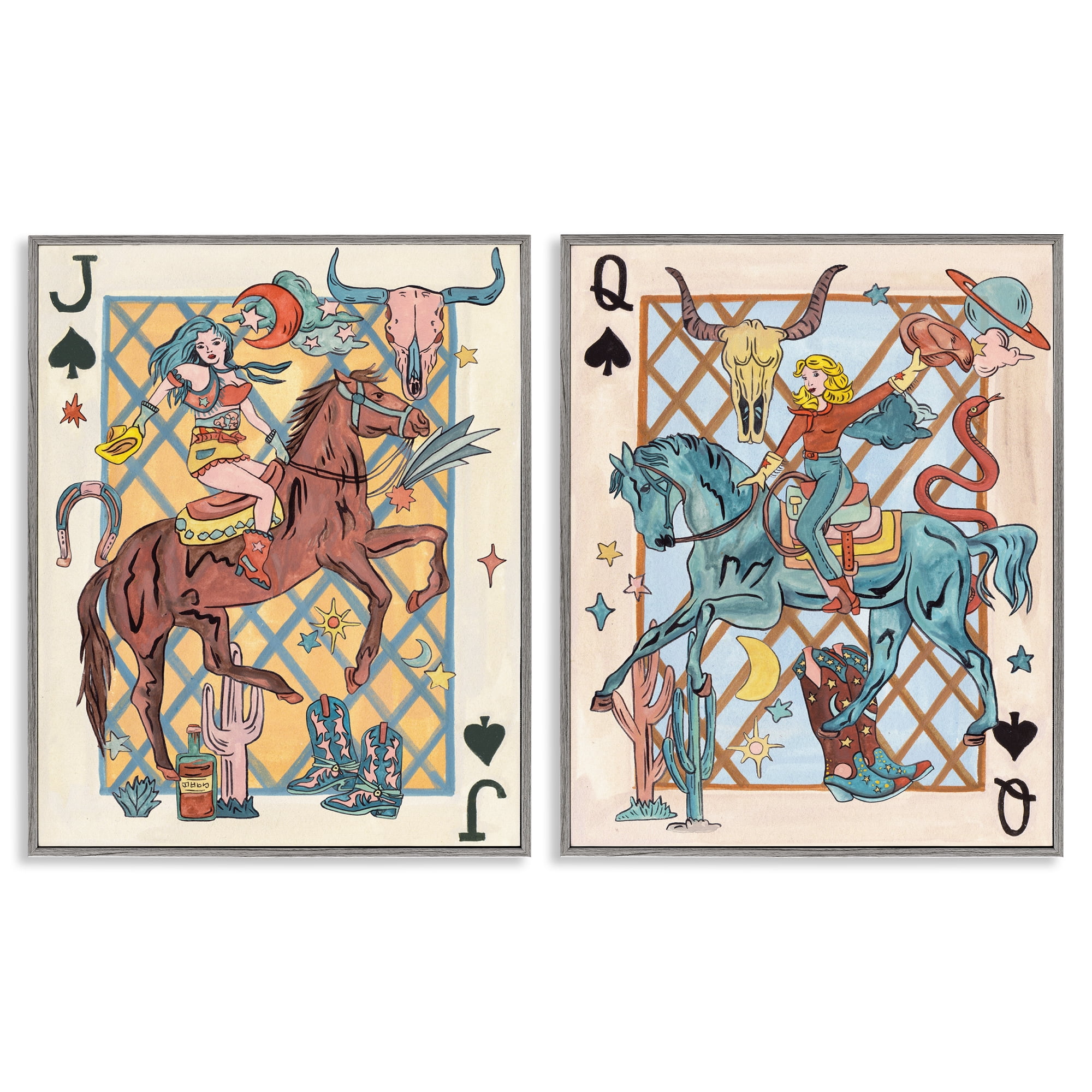 Stupell Industries Western Cowgirl Playing Cards Entertainment Painting Gray Framed Art Print Wall Art, 24 x 30, Set of 2