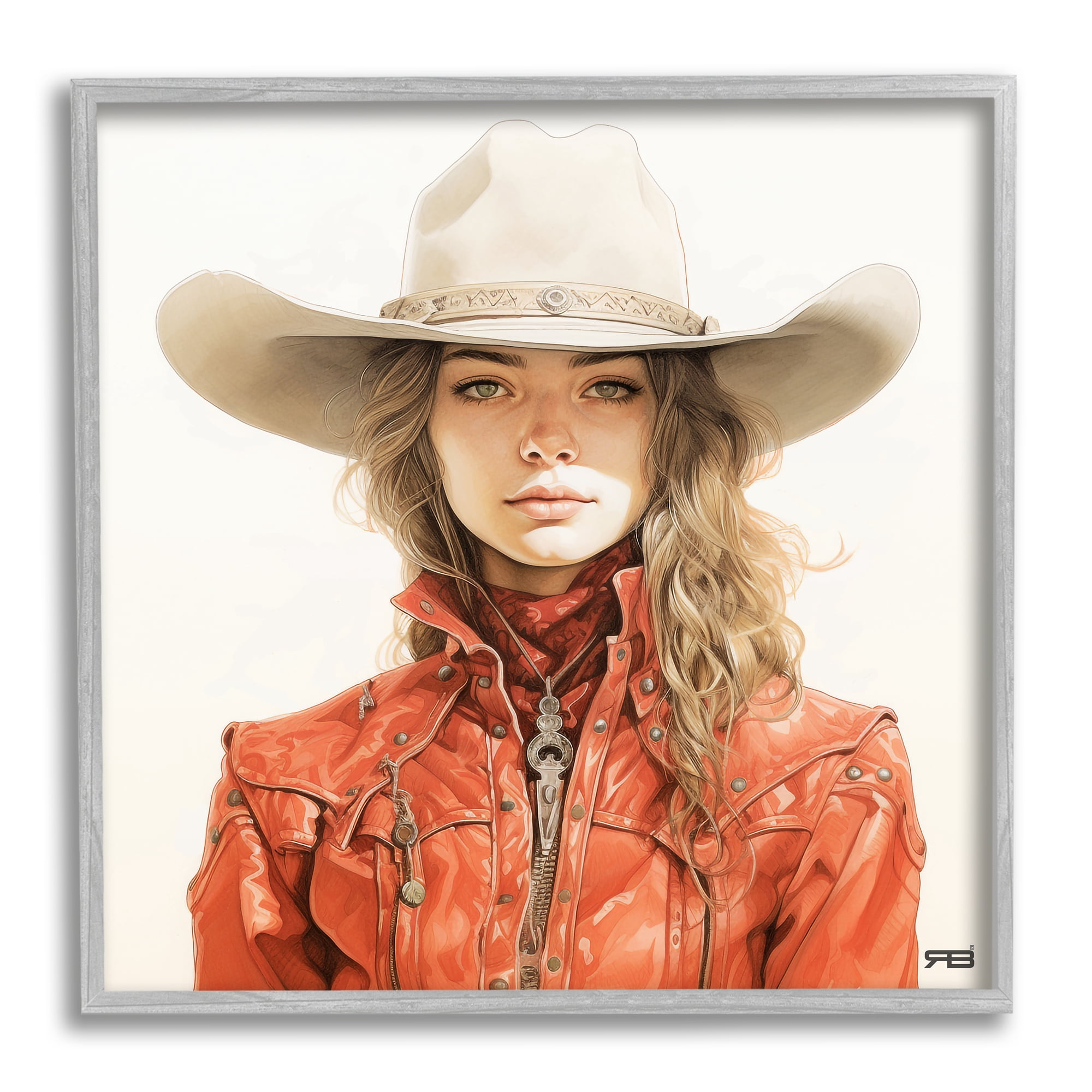 Stupell Industries Western Cowgirl Portrait Abstract Painting Gray Framed Art Print Wall Art, 24 x 24