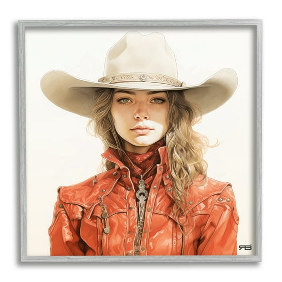 Stupell Industries Western Cowgirl Portrait Abstract Painting Gray Framed Art Print Wall Art, 24 x 24