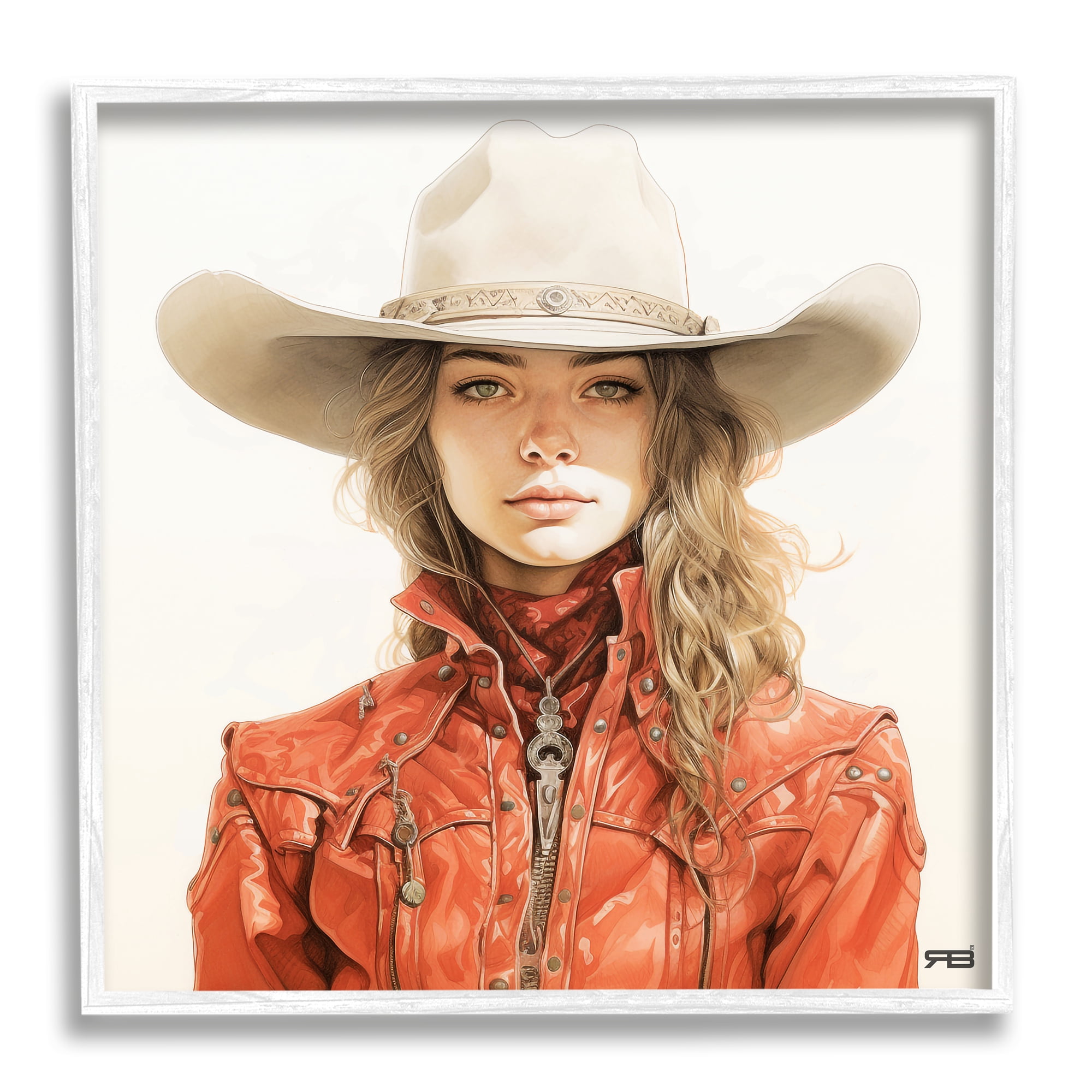 Stupell Industries Western Cowgirl Portrait Abstract Painting White Framed Art Print Wall Art, 17 x 17