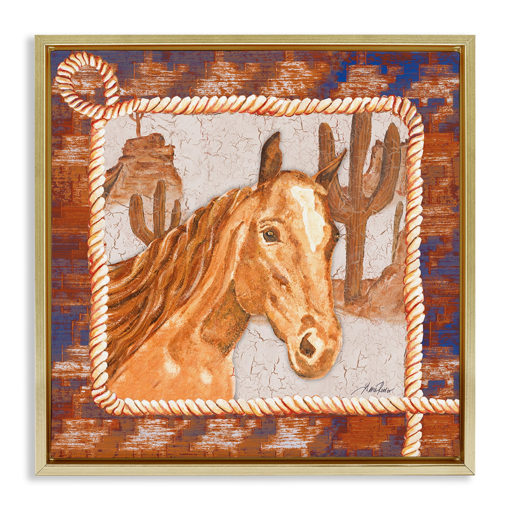 Stupell Industries Western Desert Horse Landscape Painting Gold Floater Framed Canvas Art Print Wall Art, 18 x 18