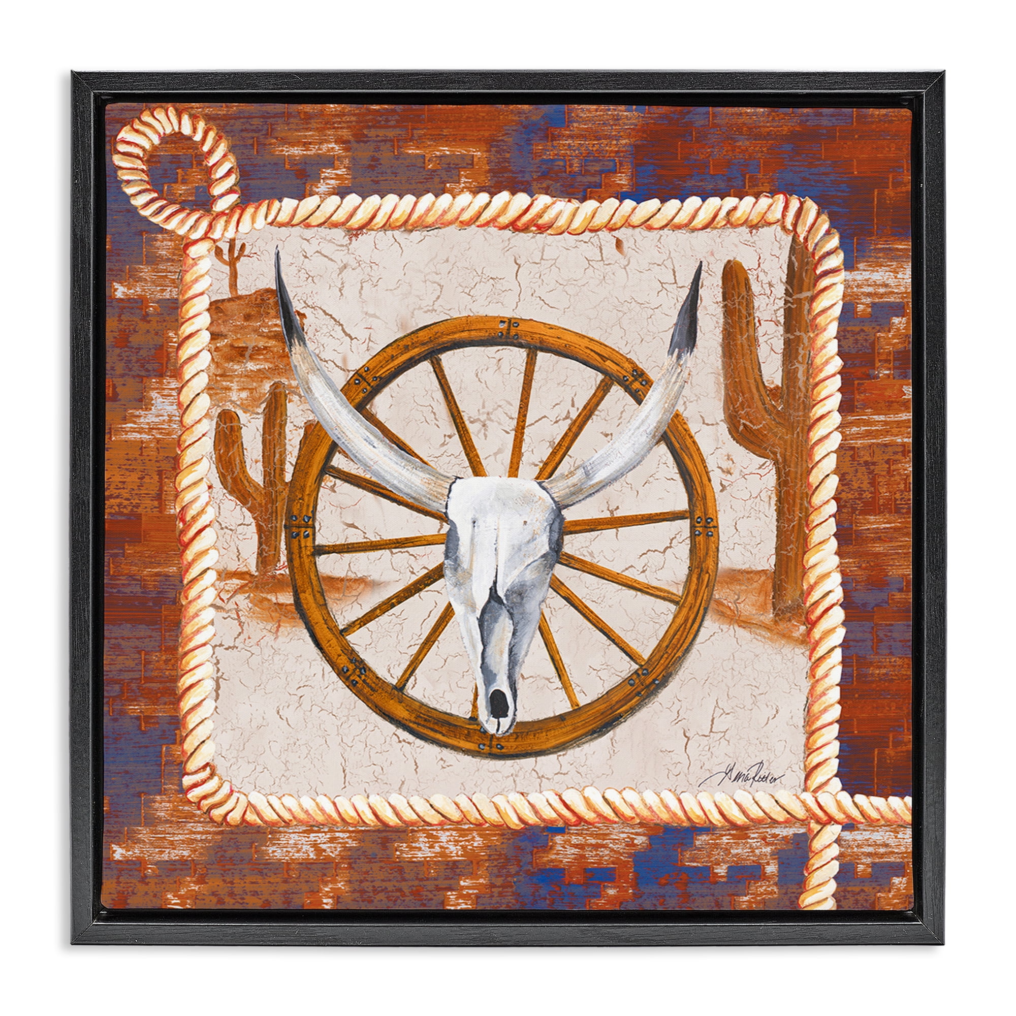 Stupell Industries Western Desert Wheel Landscape Painting Black Floater Framed Canvas Art Print Wall Art, 25 x 25