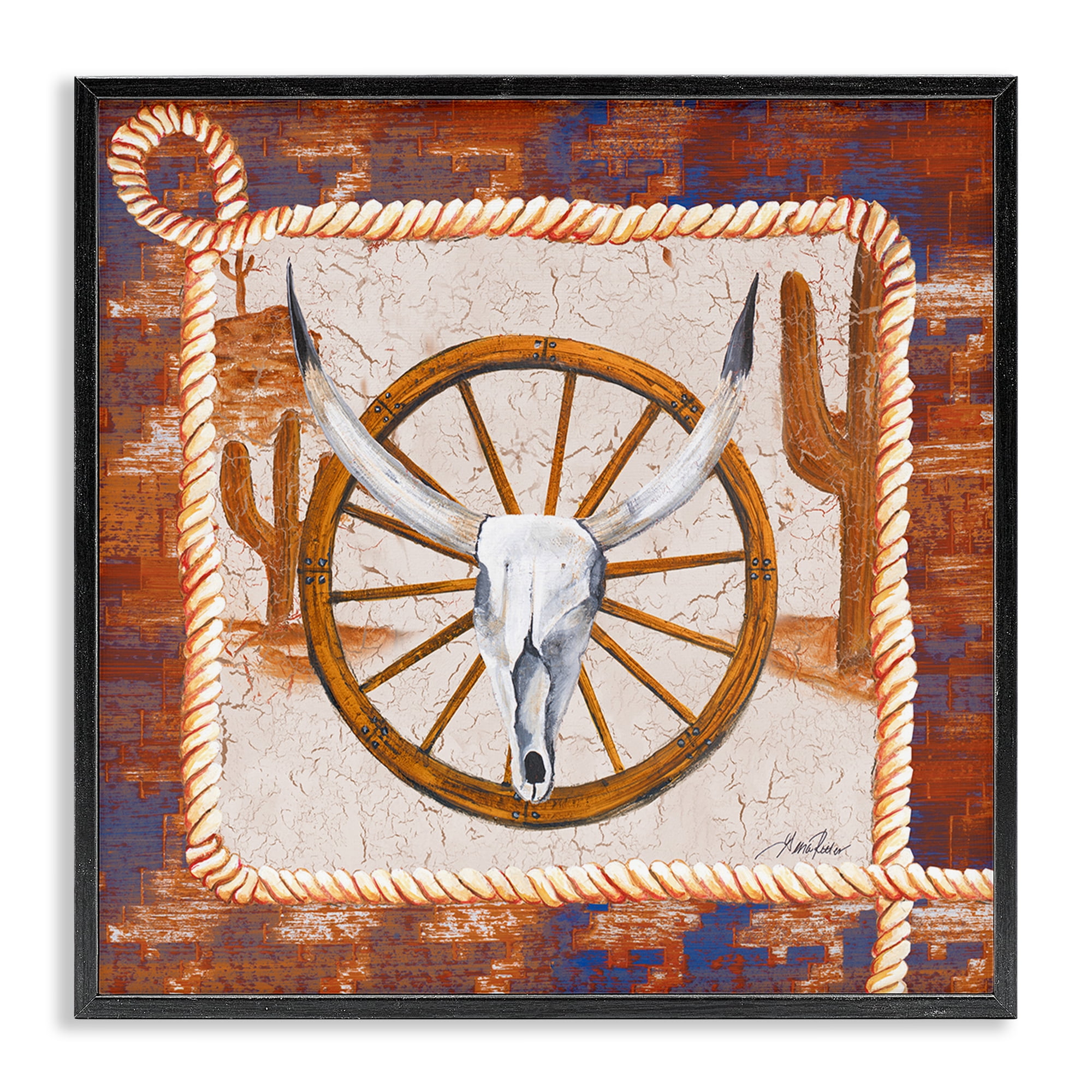 Stupell Industries Western Desert Wheel Landscape Painting Black Framed Art Print Wall Art, 24 x 24