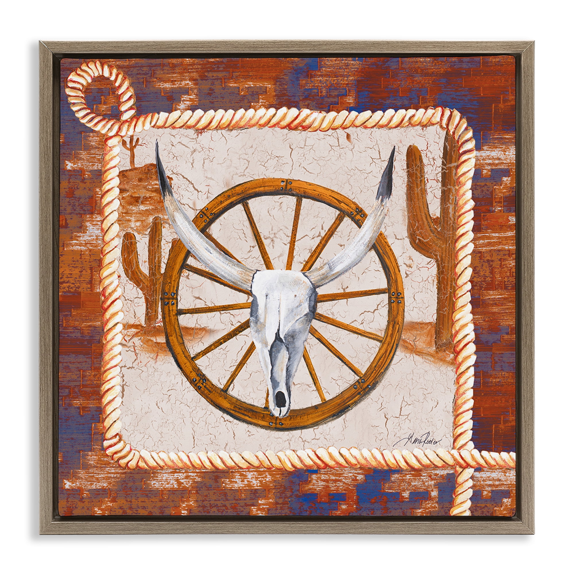 Stupell Industries Western Desert Wheel Landscape Painting Brown Floater Framed Canvas Art Print Wall Art, 18 x 18