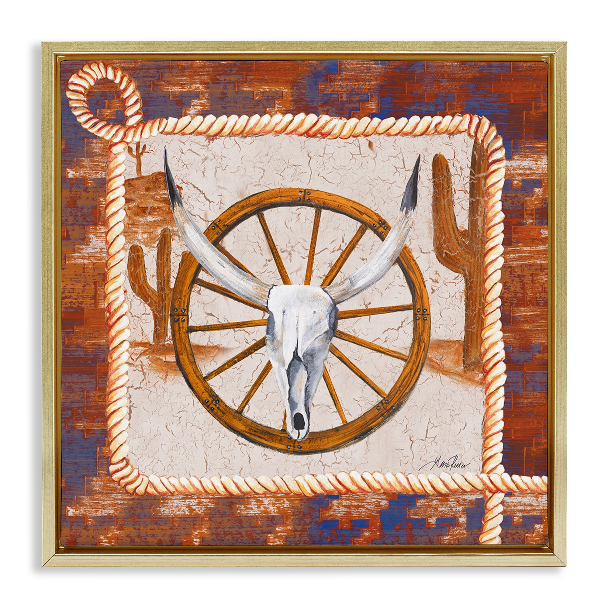Stupell Industries Western Desert Wheel Landscape Painting Gold Floater Framed Canvas Art Print Wall Art, 18 x 18