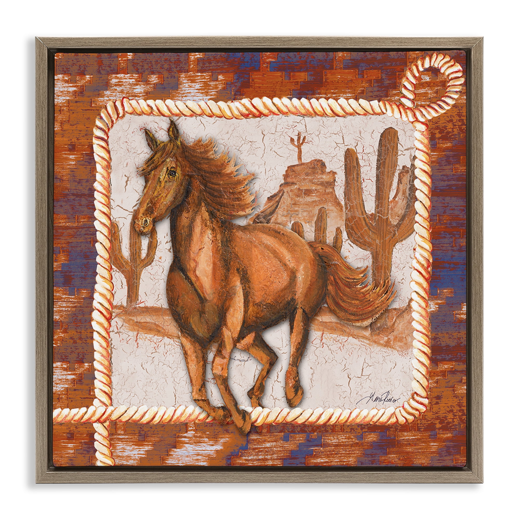 Stupell Industries Western Horse in Desert Landscape Painting Brown Floater Framed Canvas Art Print Wall Art, 18 x 18
