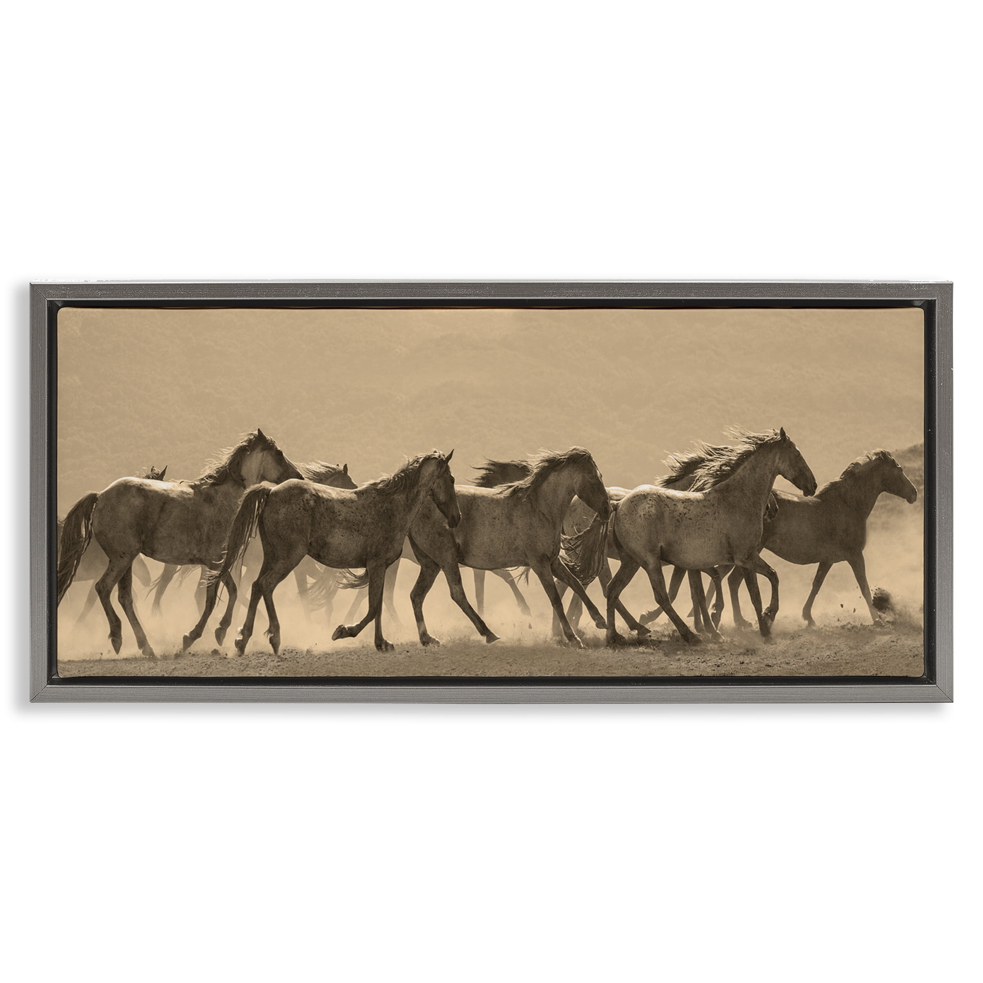 Stupell Industries Western Horses Gallop Animals Photography Gray Floater Framed Canvas Art Print Wall Art, 25 x 11