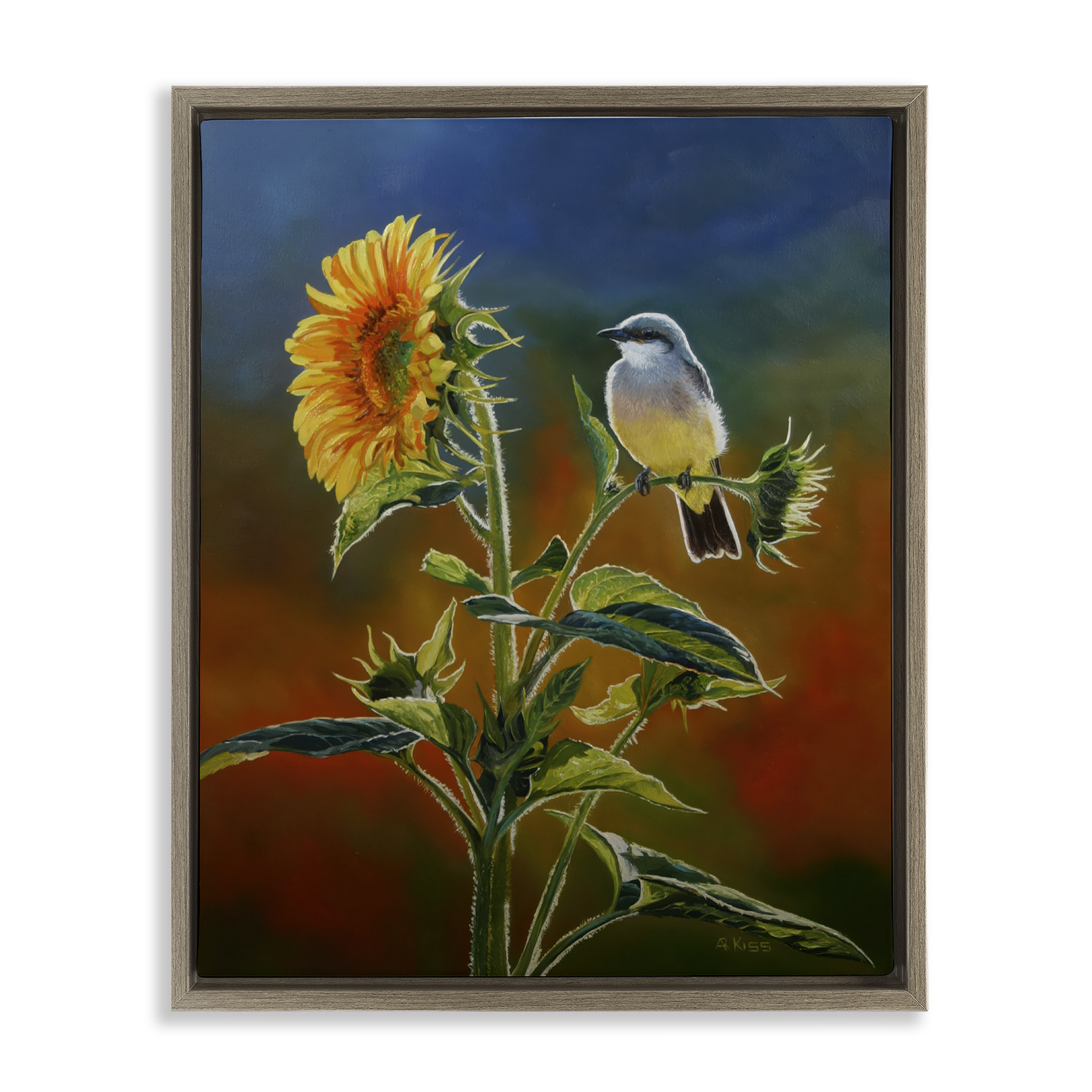 Stupell Industries Western Kingbird & Flower Plants & Flowers Painting Brown Floater Framed Canvas Art Print Wall Art, 25 x 31