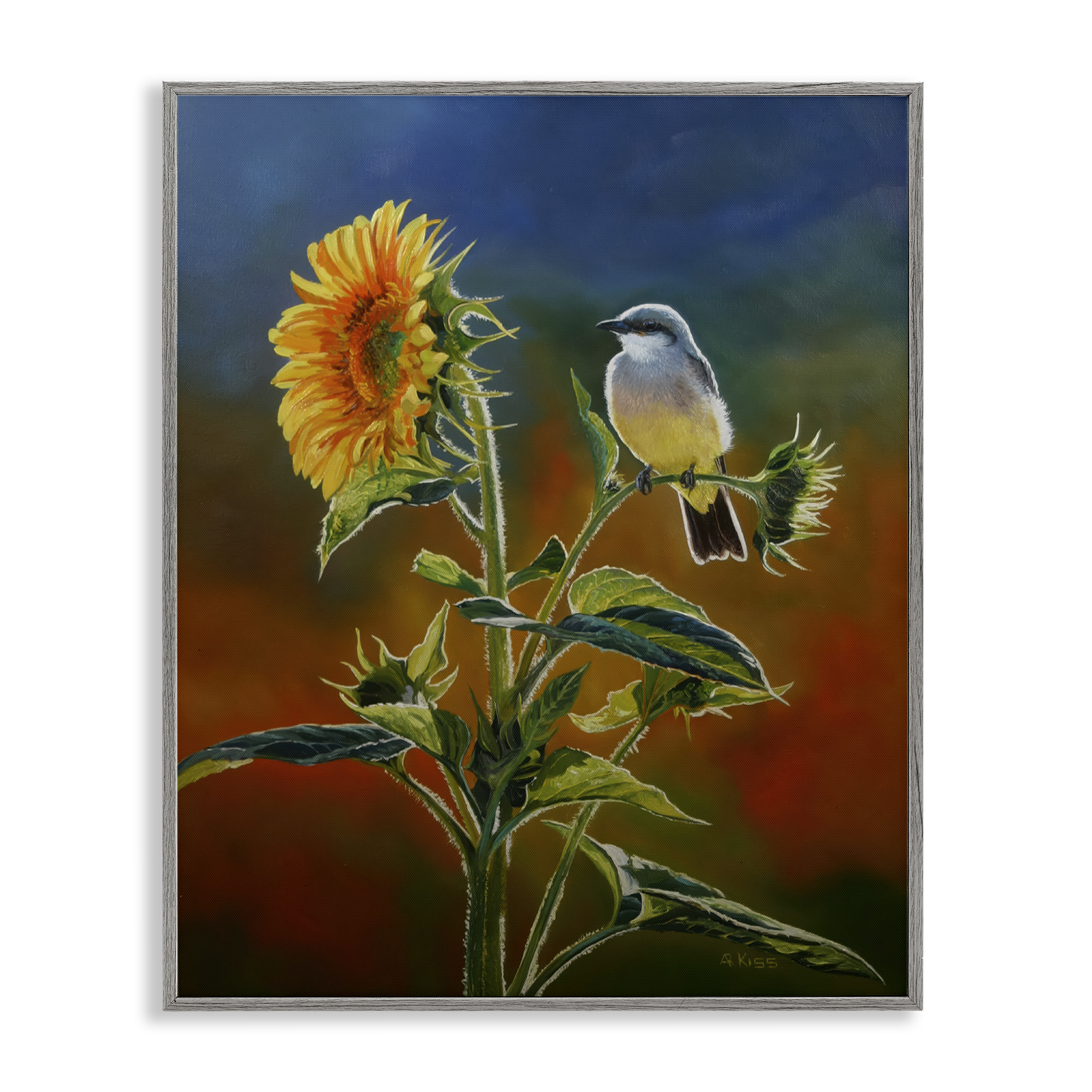 Stupell Industries Western Kingbird & Flower Plants & Flowers Painting Gray Framed Art Print Wall Art, 16 x 20