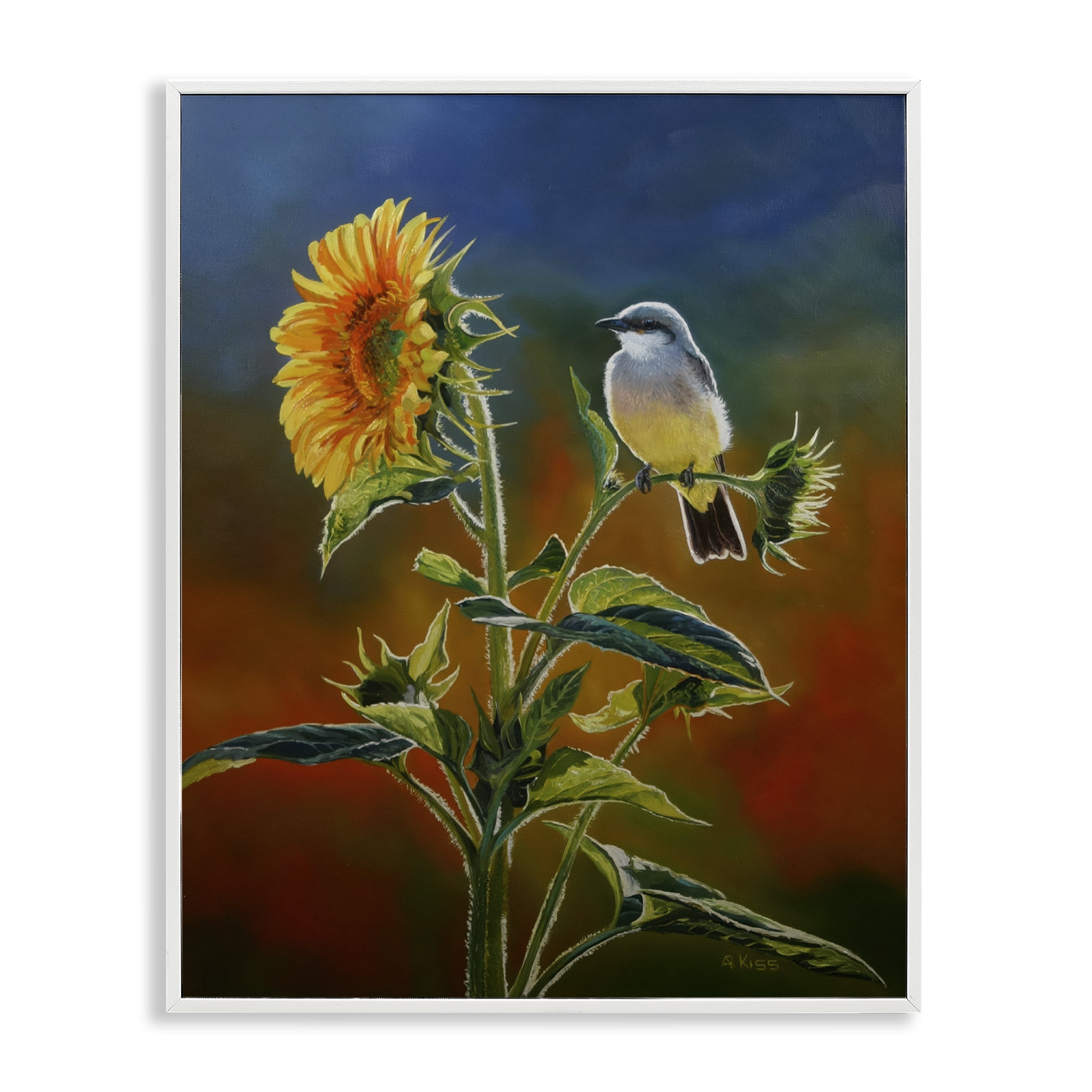 Stupell Industries Western Kingbird & Flower Plants & Flowers Painting White Framed Art Print Wall Art, 16 x 20