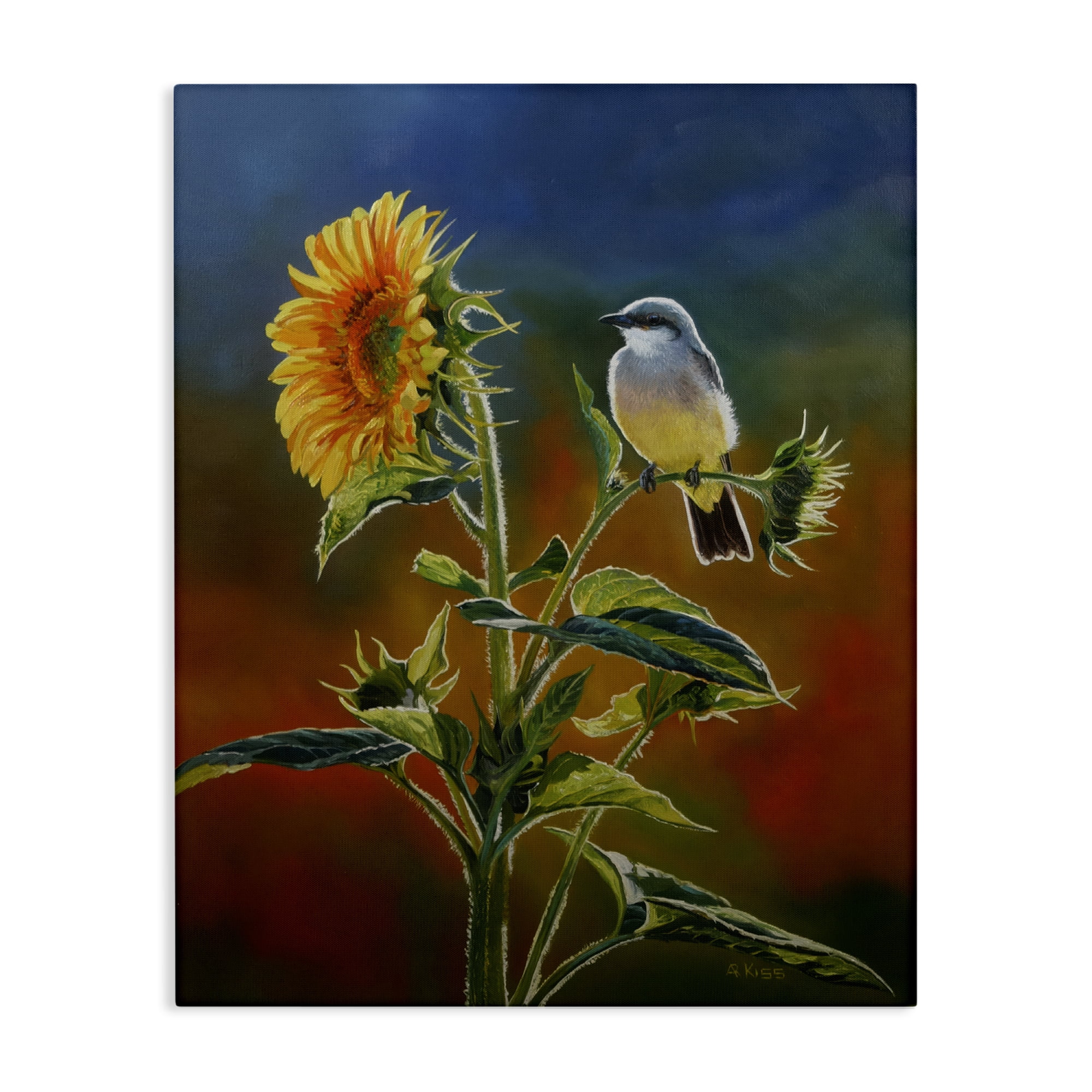 Stupell Industries Western Kingbird & Flower Plants & Flowers Painting Wrapped Canvas Art Print Wall Art, 36 x 48