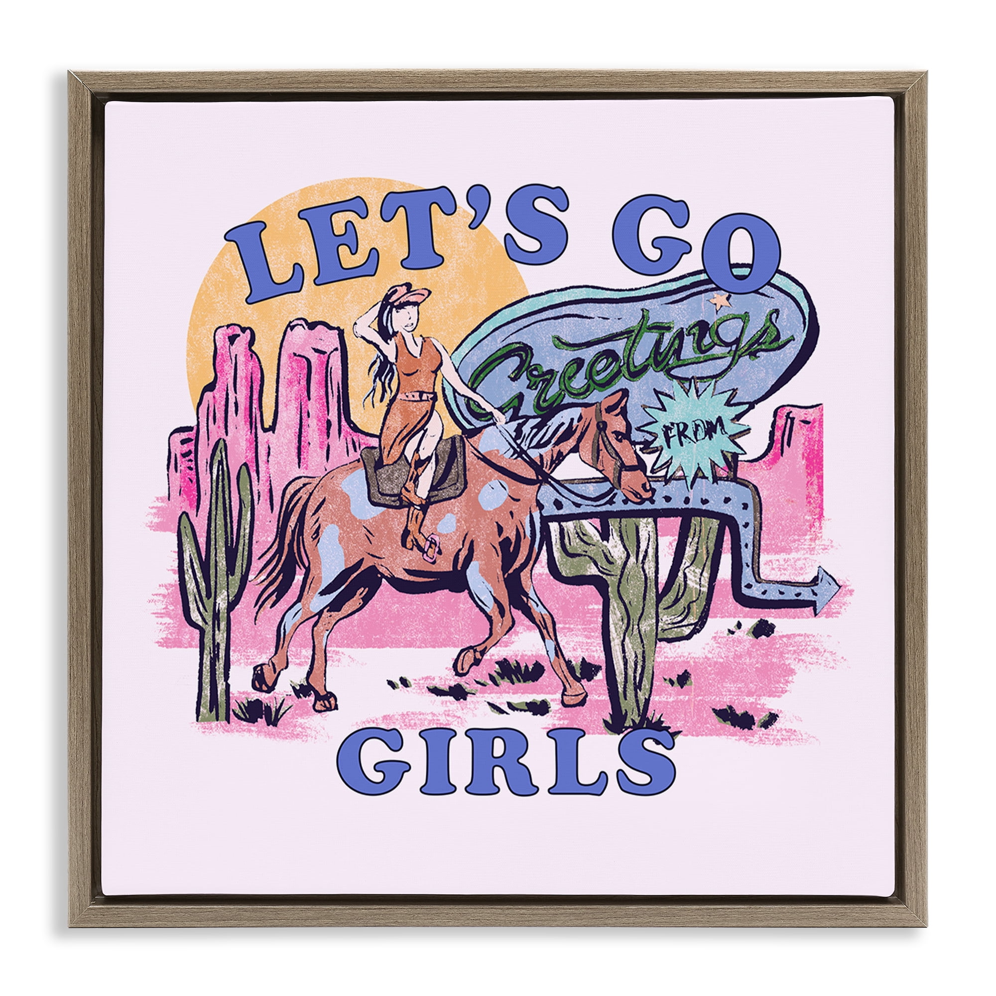 Stupell Industries Western Let's Go Girls Entertainment Painting Brown Floater Framed Canvas Art Print Wall Art, 18 x 18