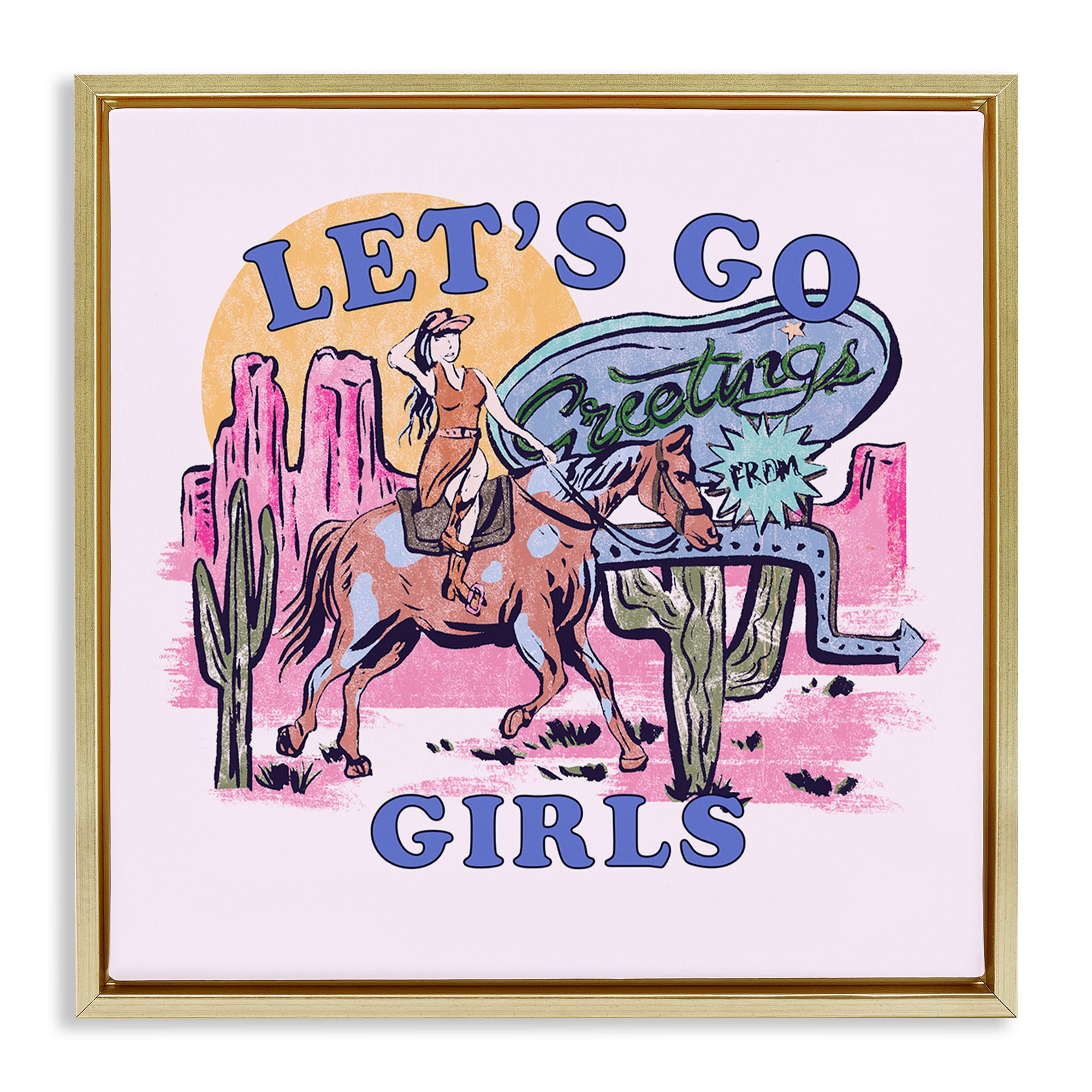 Stupell Industries Western Let's Go Girls Entertainment Painting Gold Floater Framed Canvas Art Print Wall Art, 18 x 18