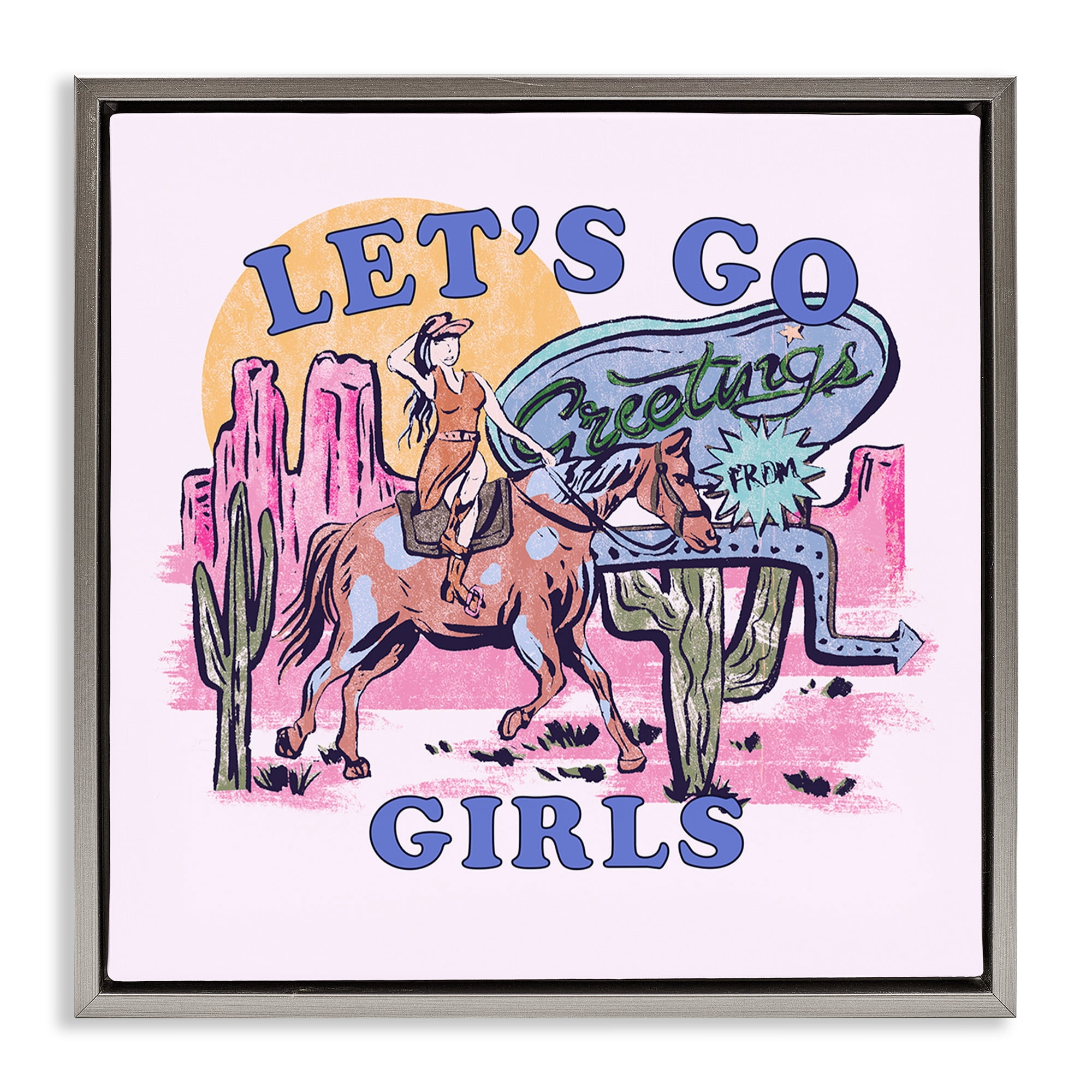 Stupell Industries Western Let's Go Girls Entertainment Painting Gray Floater Framed Canvas Art Print Wall Art, 18 x 18