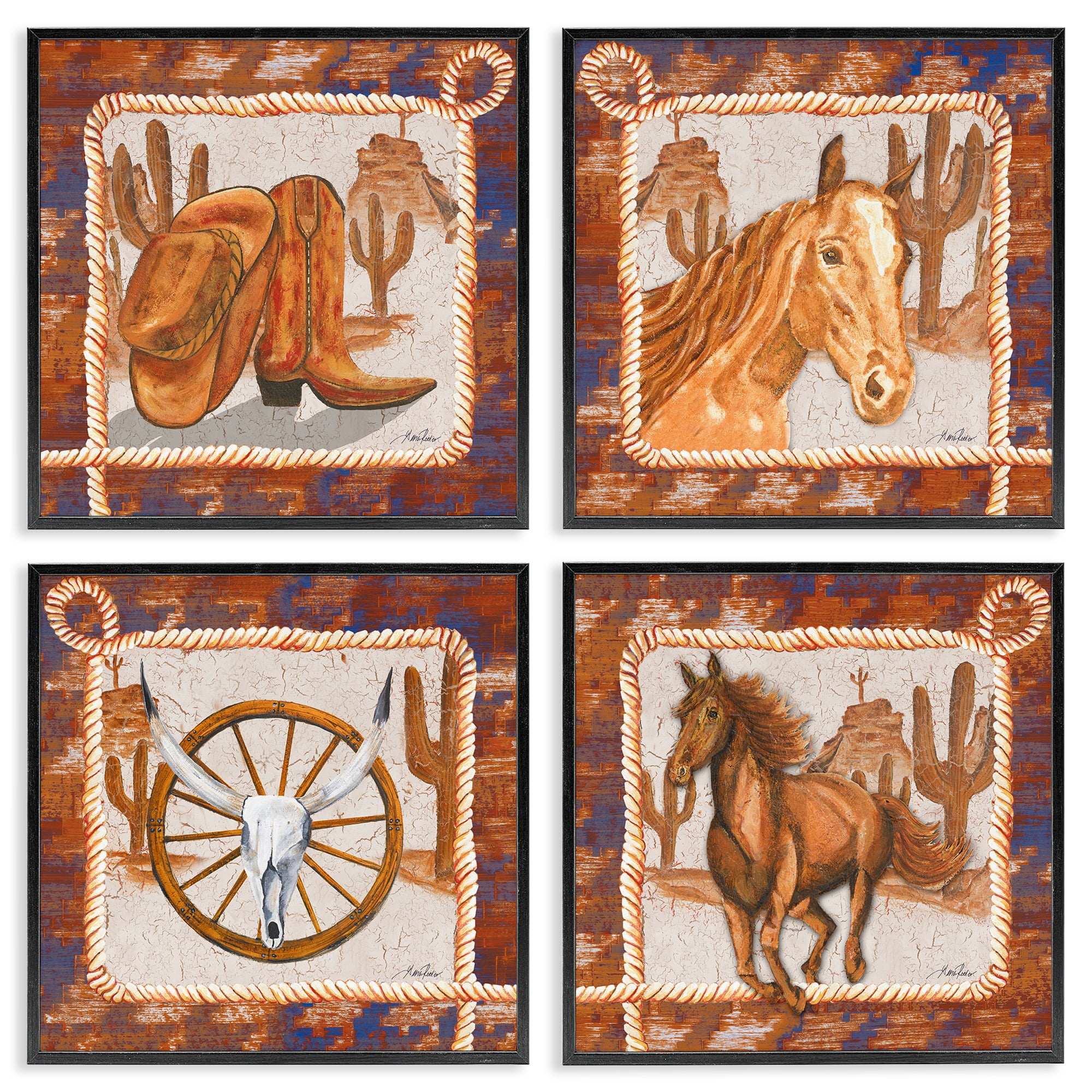 Stupell Industries Western Rodeo Scenes Animals Painting Black Framed Art Print Wall Art, 12 x 12, Set of 4