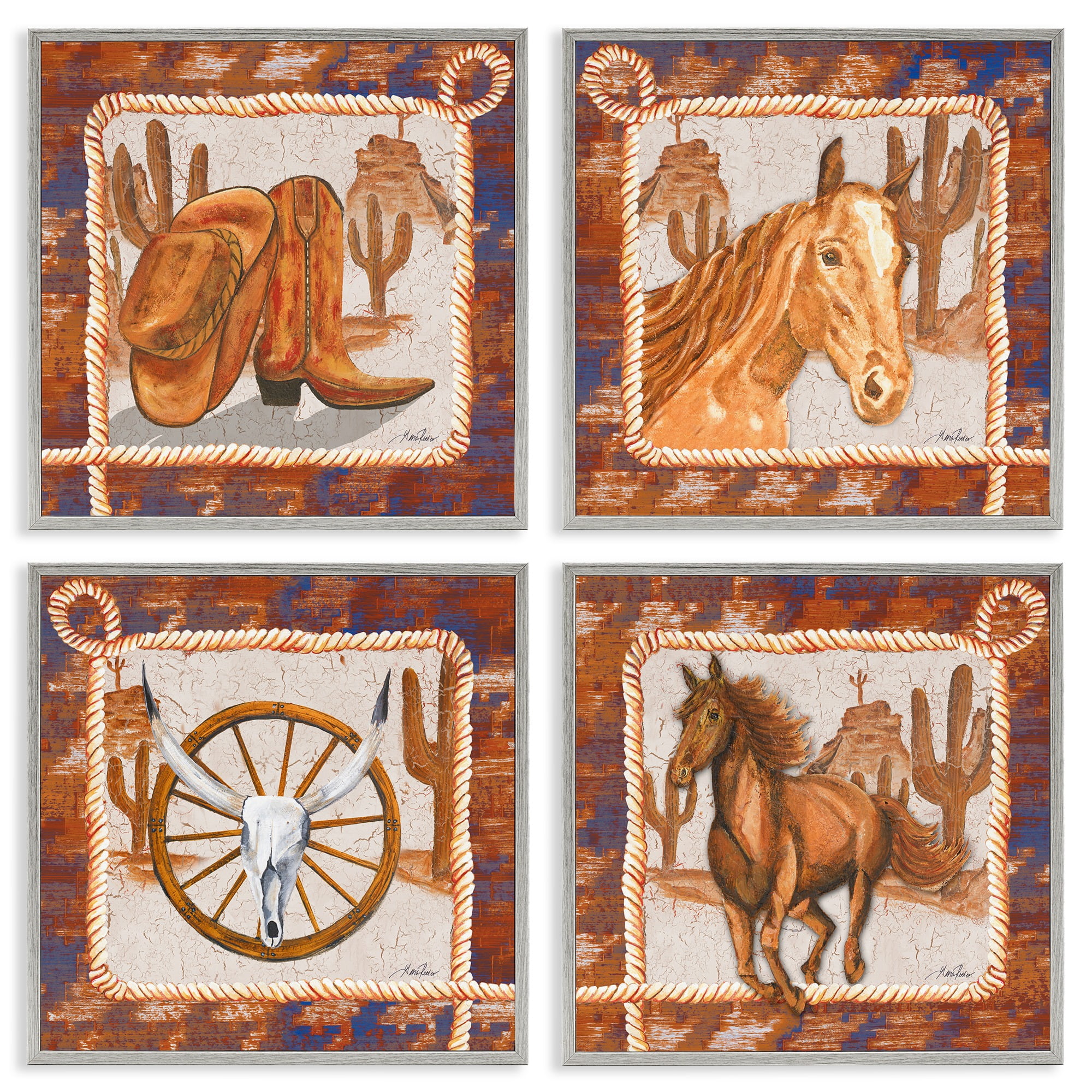 Stupell Industries Western Rodeo Scenes Animals Painting Gray Framed Art Print Wall Art, 17 x 17, Set of 4