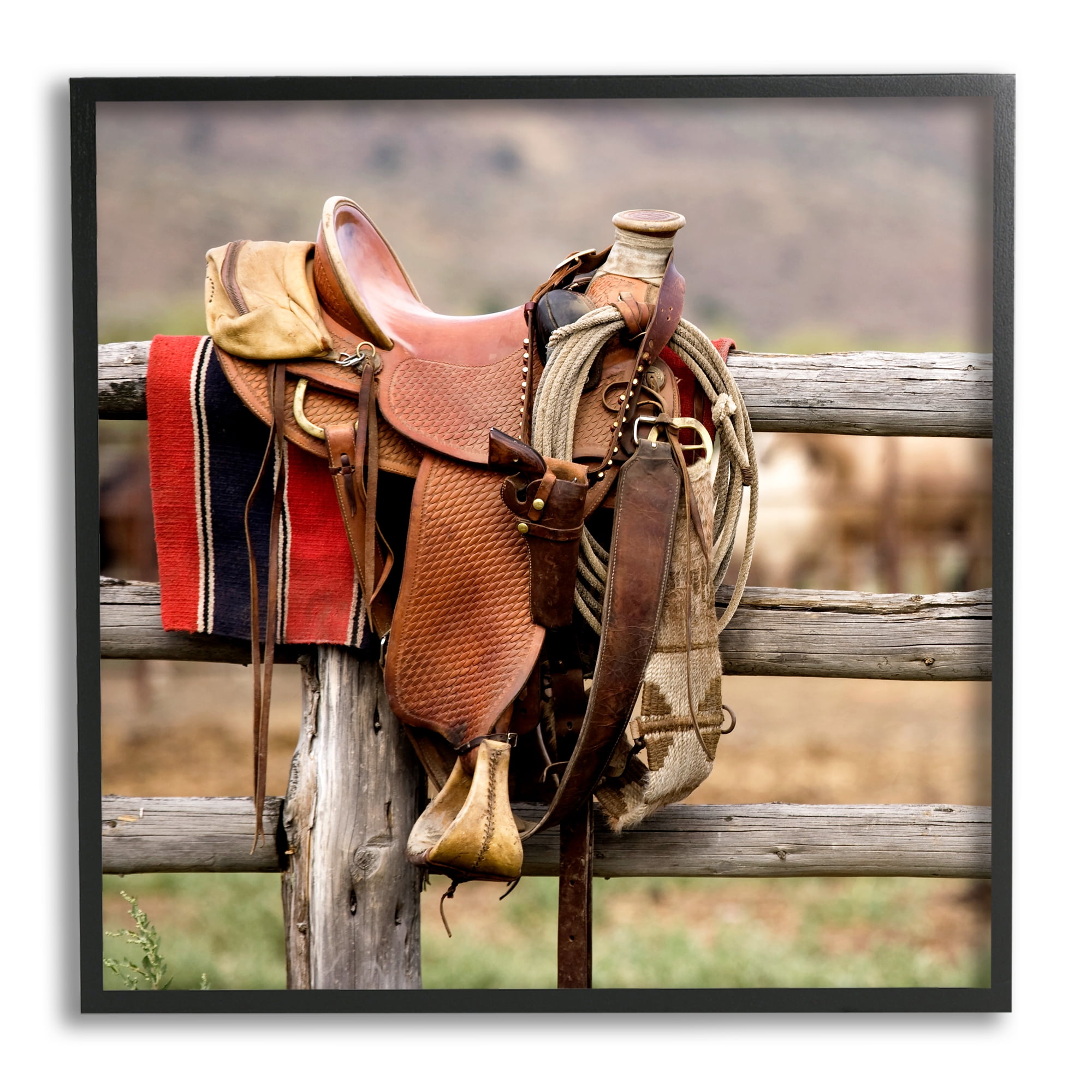 Stupell Industries Western Saddle on Fence Literature & Film Photography Black Framed Art Print Wall Art, 12 x 12