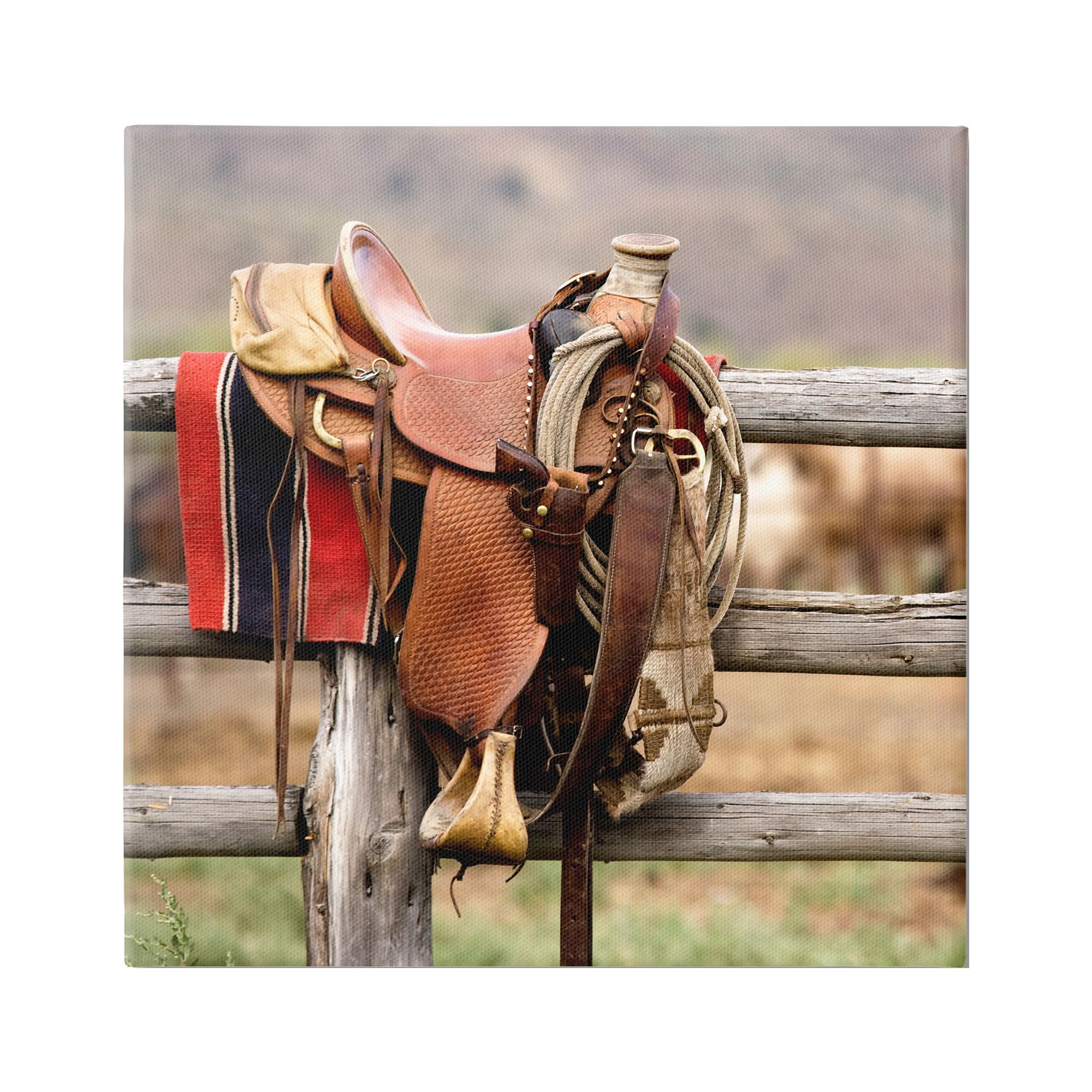 Stupell Industries Western Saddle on Fence Literature & Film Photography Gallery Wrapped Canvas Art Print Wall Art, 24 x 24