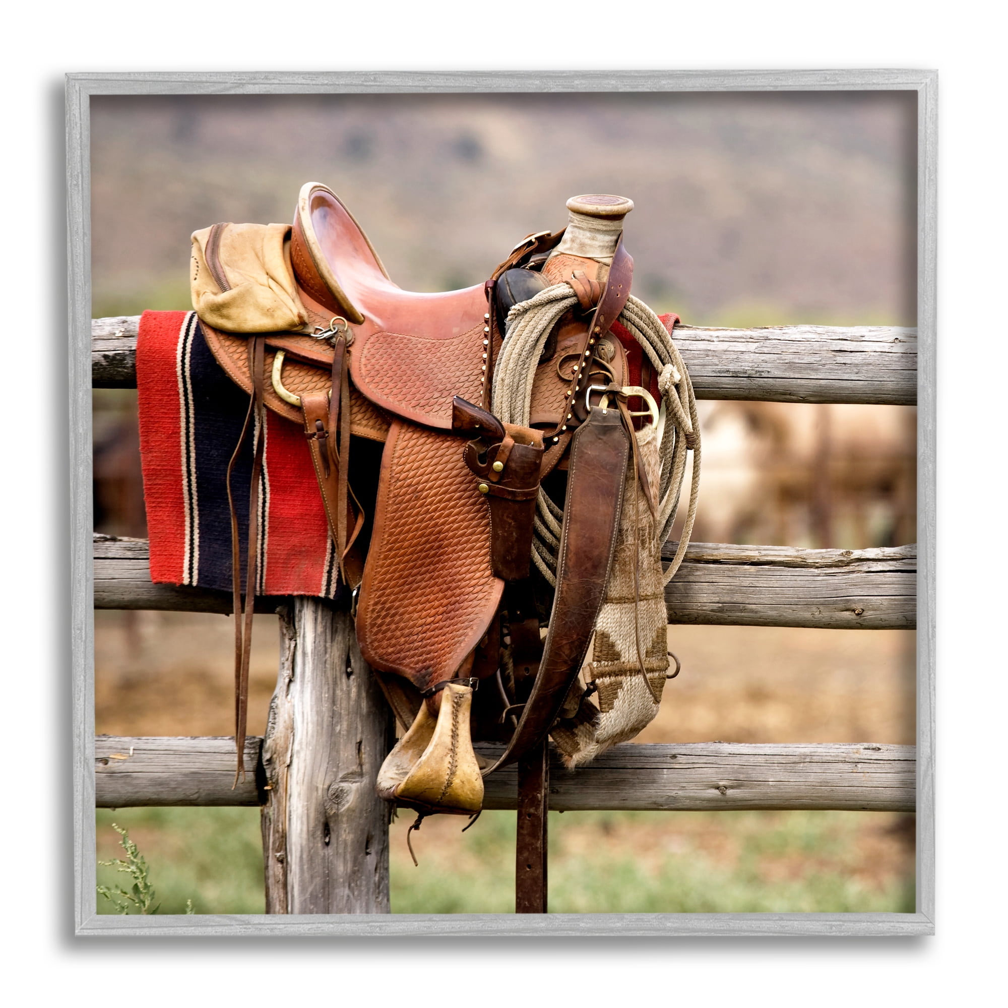 Stupell Industries Western Saddle on Fence Literature & Film Photography Gray Framed Art Print Wall Art, 17 x 17