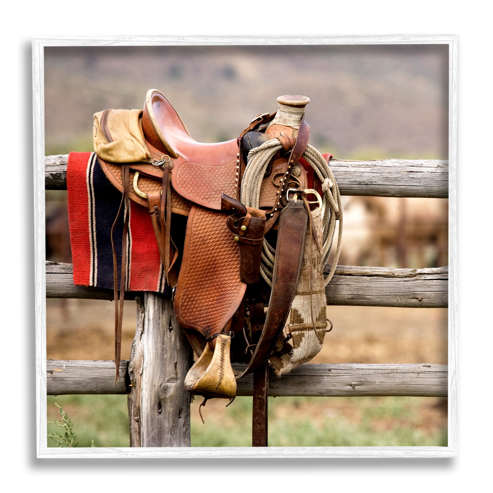 Stupell Industries Western Saddle on Fence Literature & Film Photography White Framed Art Print Wall Art, 12 x 12