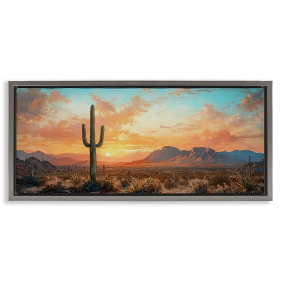Stupell Industries Western Sunset Canyon Gray Framed Floater Canvas Wall Art design by Petal Prints Design, 11 x 25