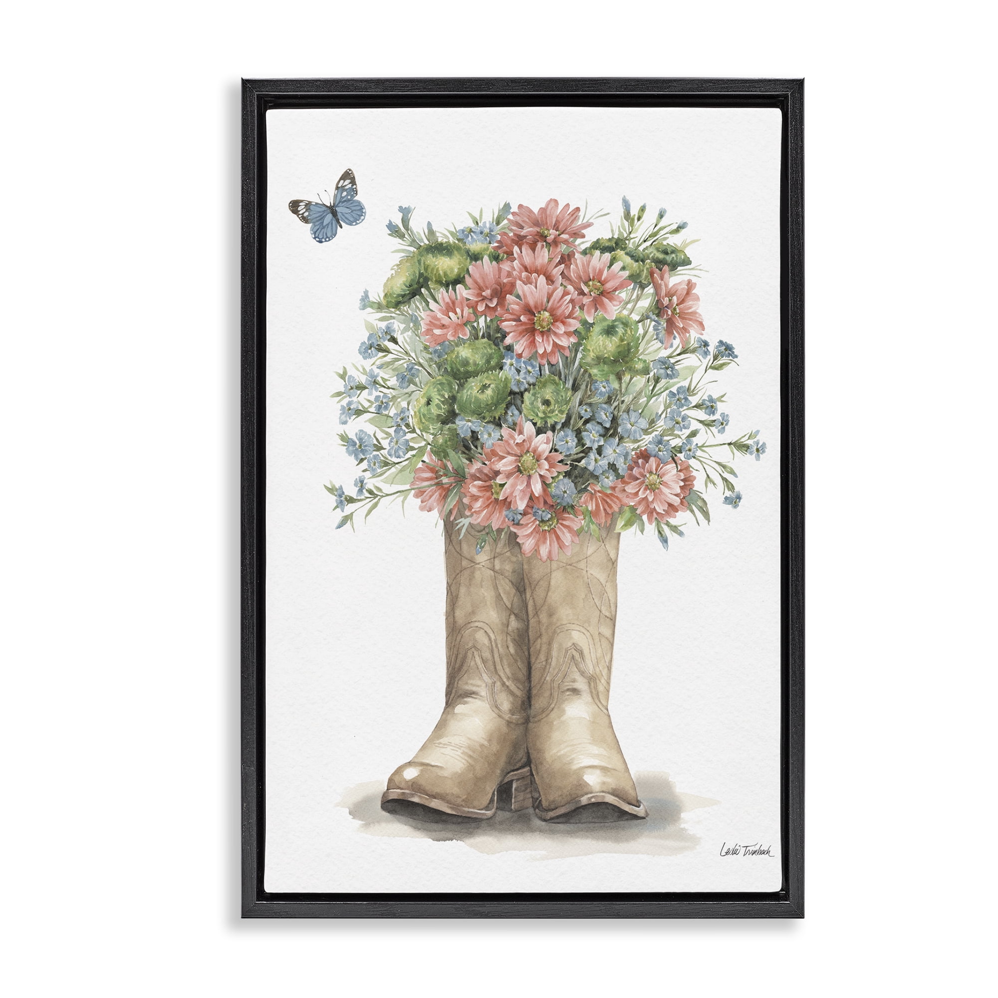 Stupell Industries Western Wildflower Boots Botanical & Floral Painting Black Floater Framed Canvas Art Print Wall Art, 21 x 31