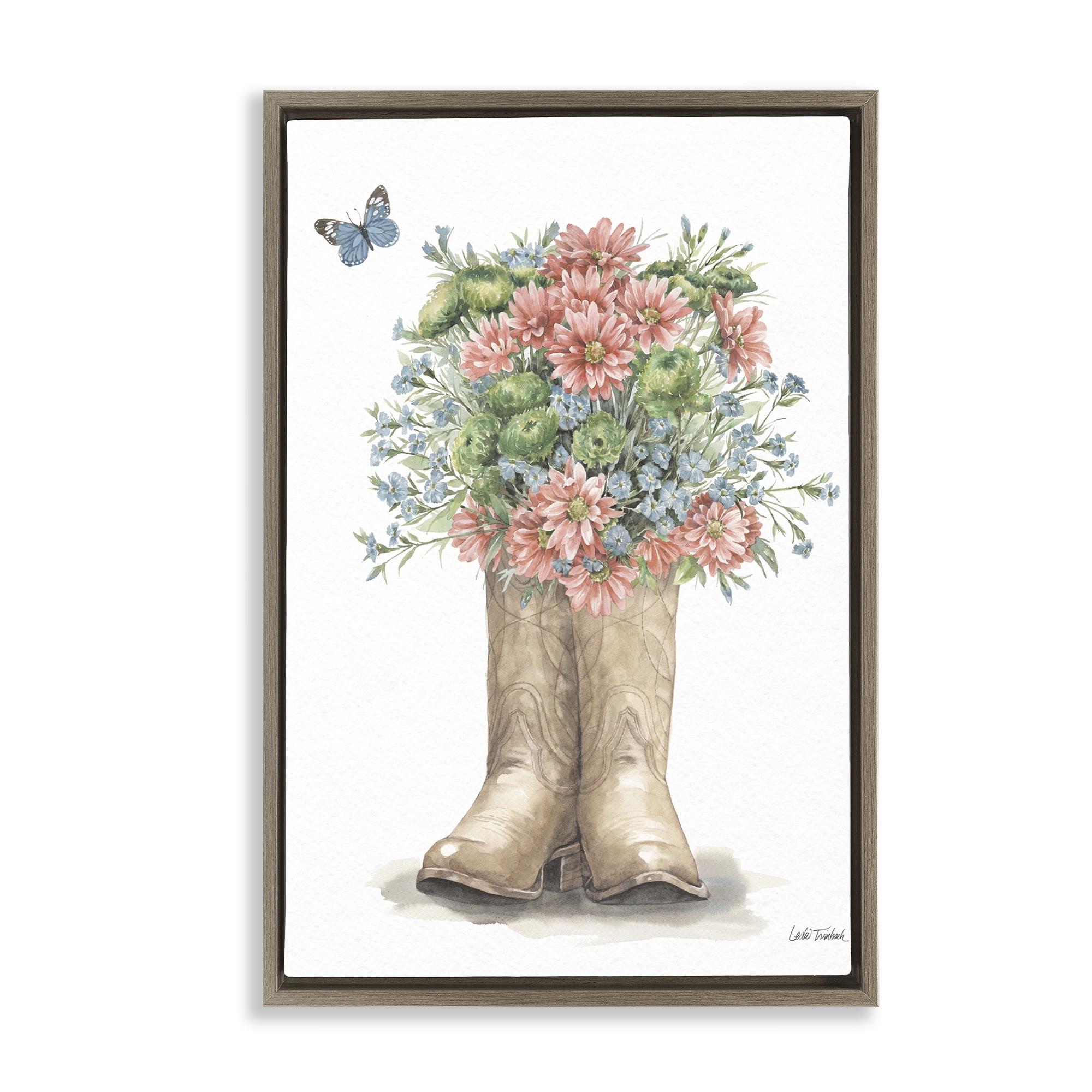 Stupell Industries Western Wildflower Boots Botanical & Floral Painting Brown Floater Framed Canvas Art Print Wall Art, 21 x 31