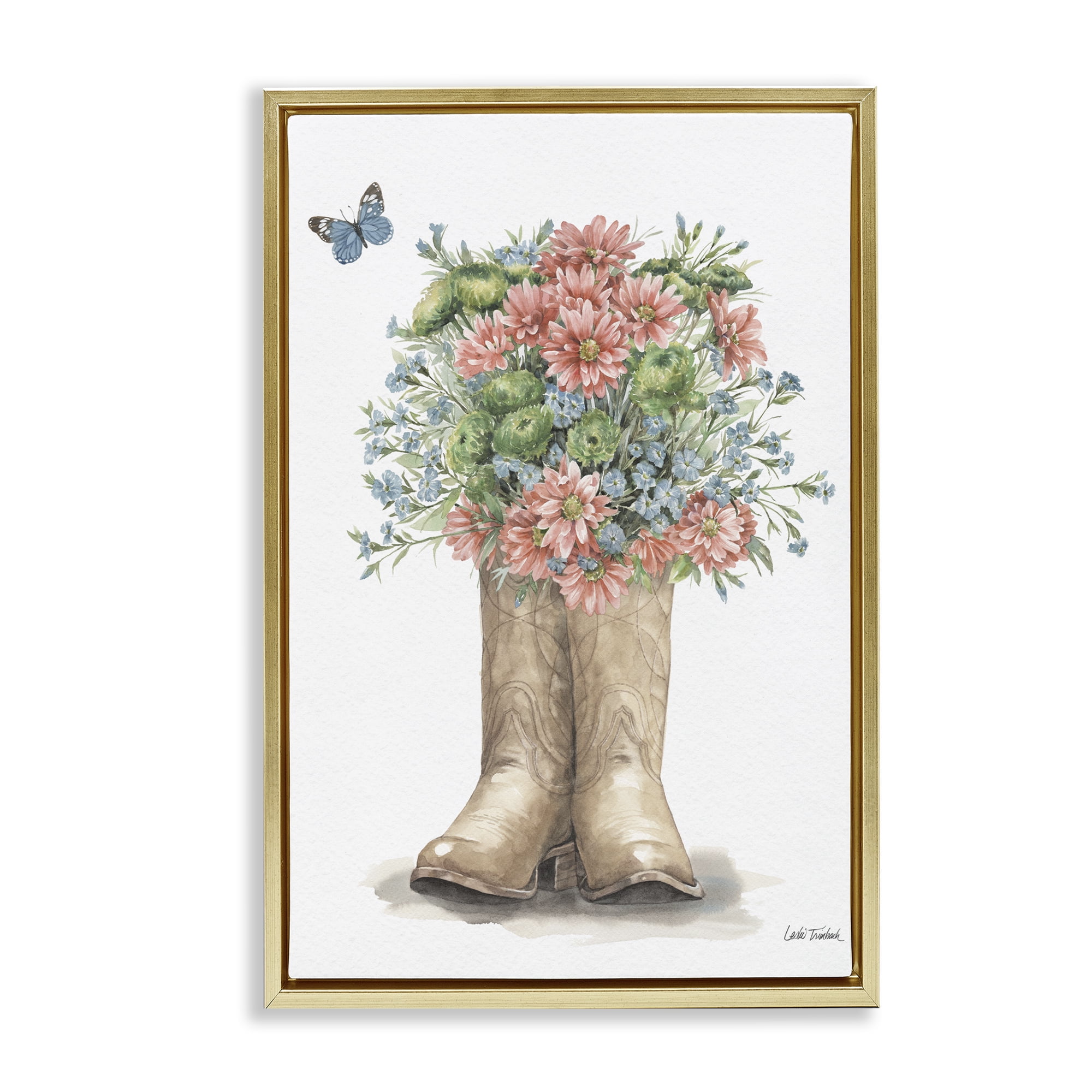 Stupell Industries Western Wildflower Boots Botanical & Floral Painting Gold Floater Framed Canvas Art Print Wall Art, 17 x 25