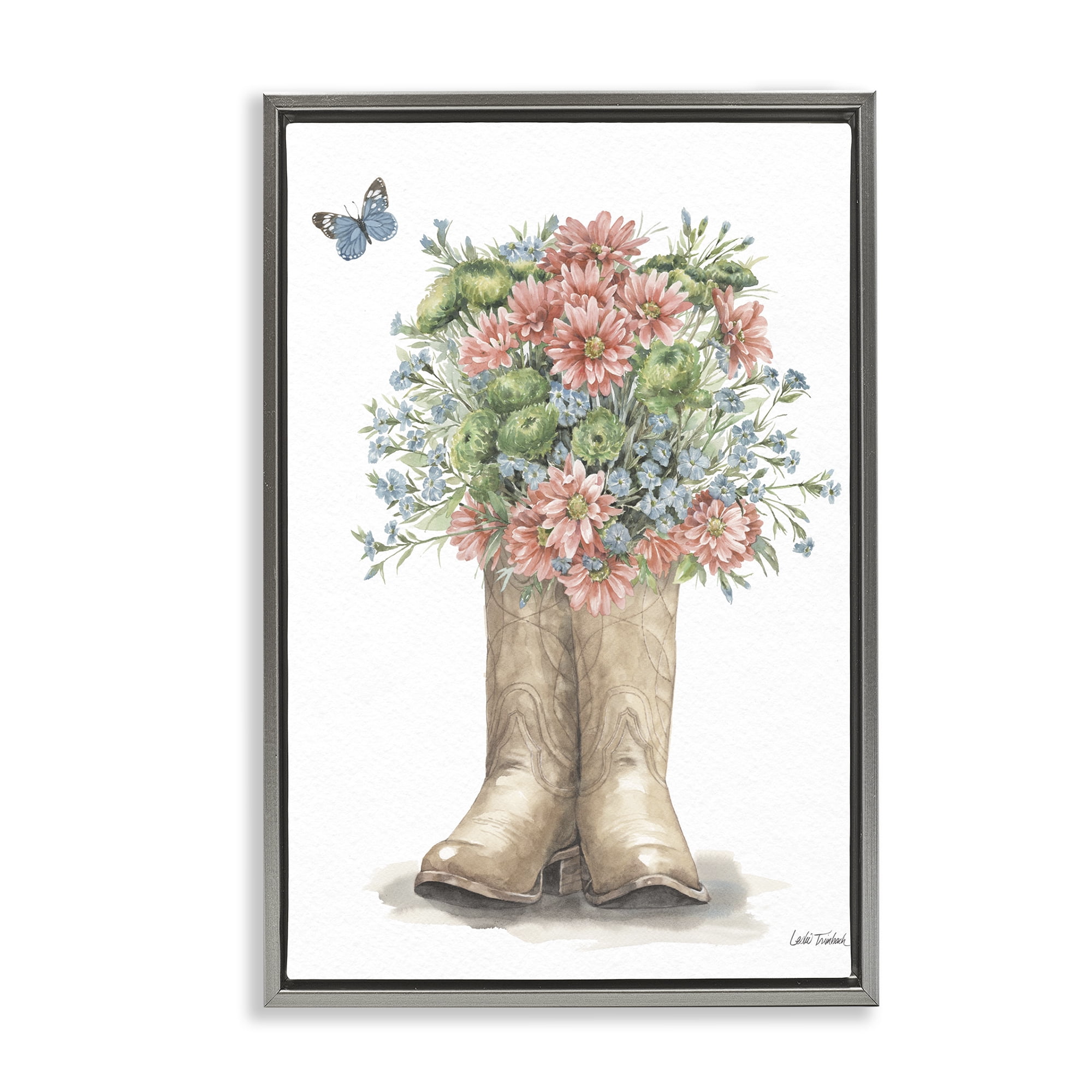 Stupell Industries Western Wildflower Boots Botanical & Floral Painting Gray Floater Framed Canvas Art Print Wall Art, 17 x 25