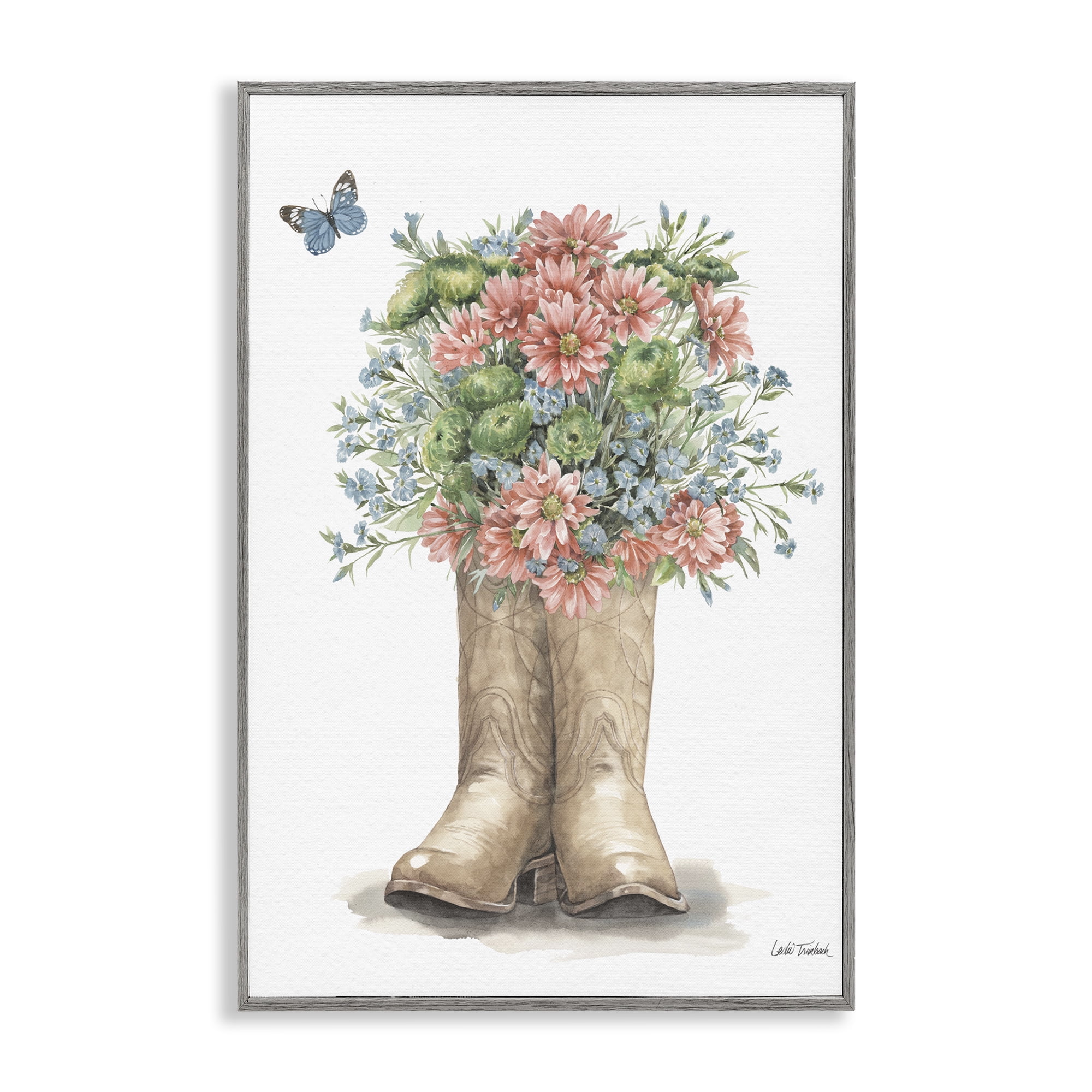 Stupell Industries Western Wildflower Boots Botanical & Floral Painting Gray Framed Art Print Wall Art, 16 x 24