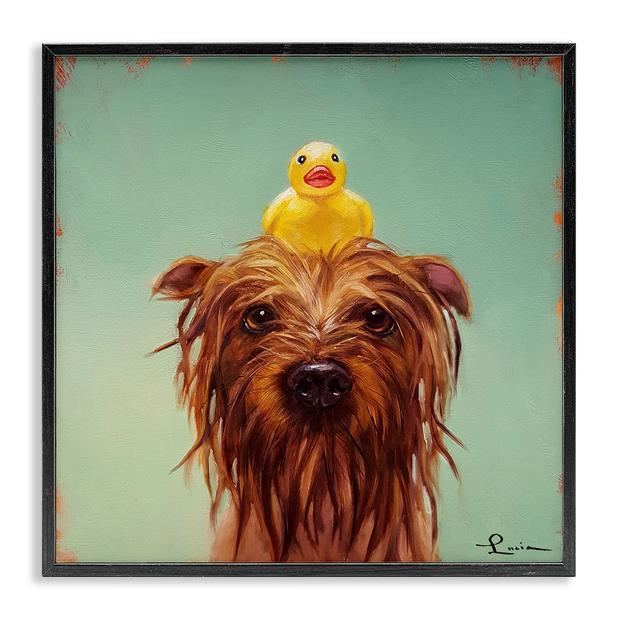 Stupell Industries Wet Dog with a Rubber Ducky Animals & Insects Painting Black Framed Art Print Wall Art, 24 x 24