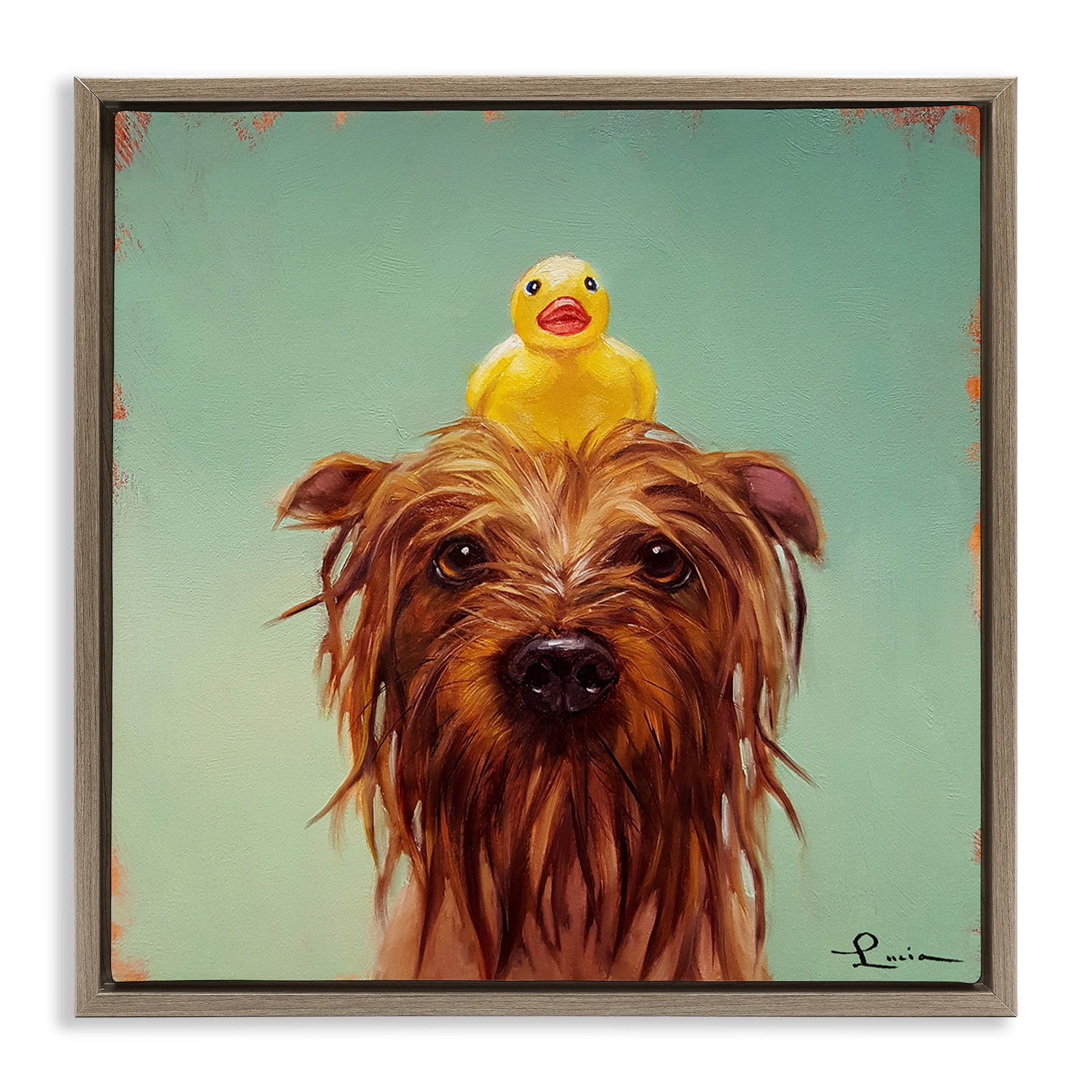 Stupell Industries Wet Dog with a Rubber Ducky Animals & Insects Painting Brown Floater Framed Canvas Art Print Wall Art, 18 x 18